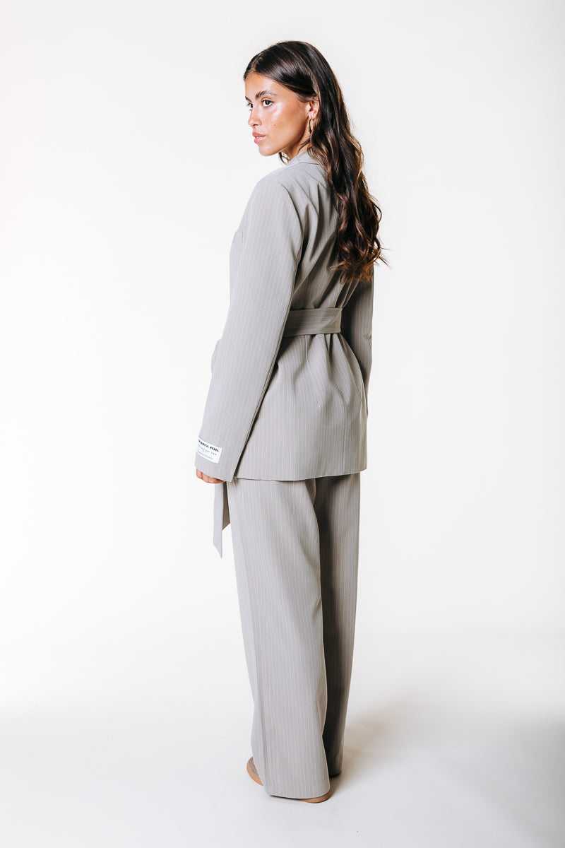 Izzy Belted Pinstripe Blazer | Beige