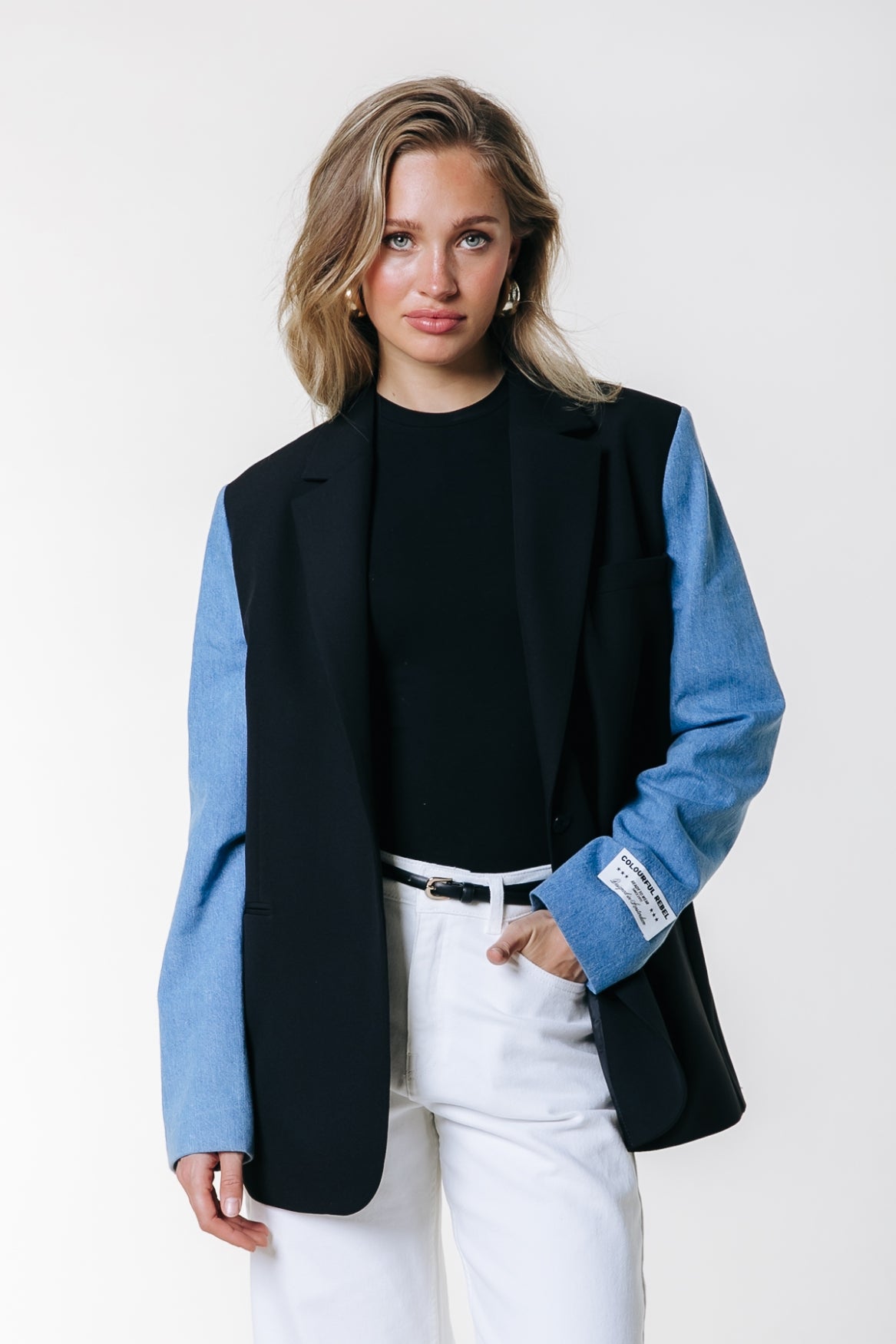 Mimmi Denim Contrast Sleeve Single Breasted Blazer | Black