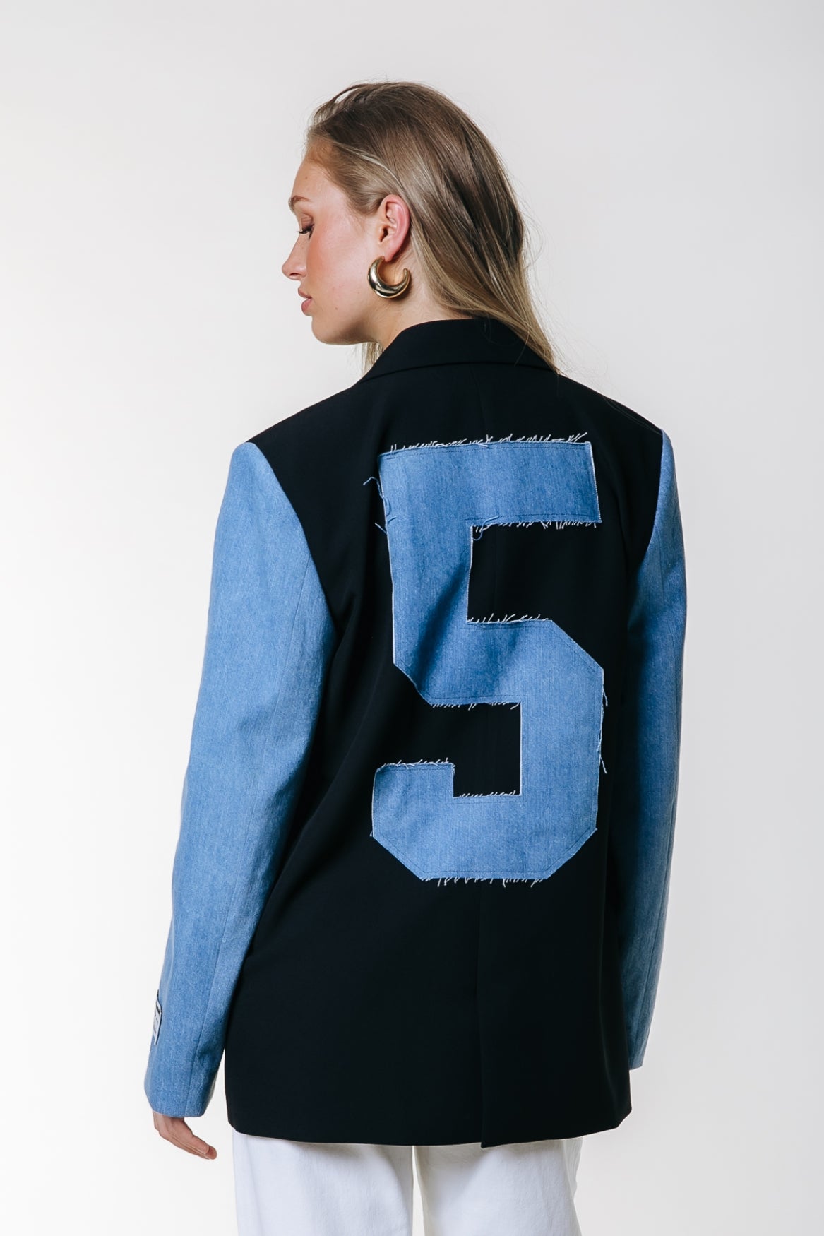 Mimmi Denim Contrast Sleeve Single Breasted Blazer | Black