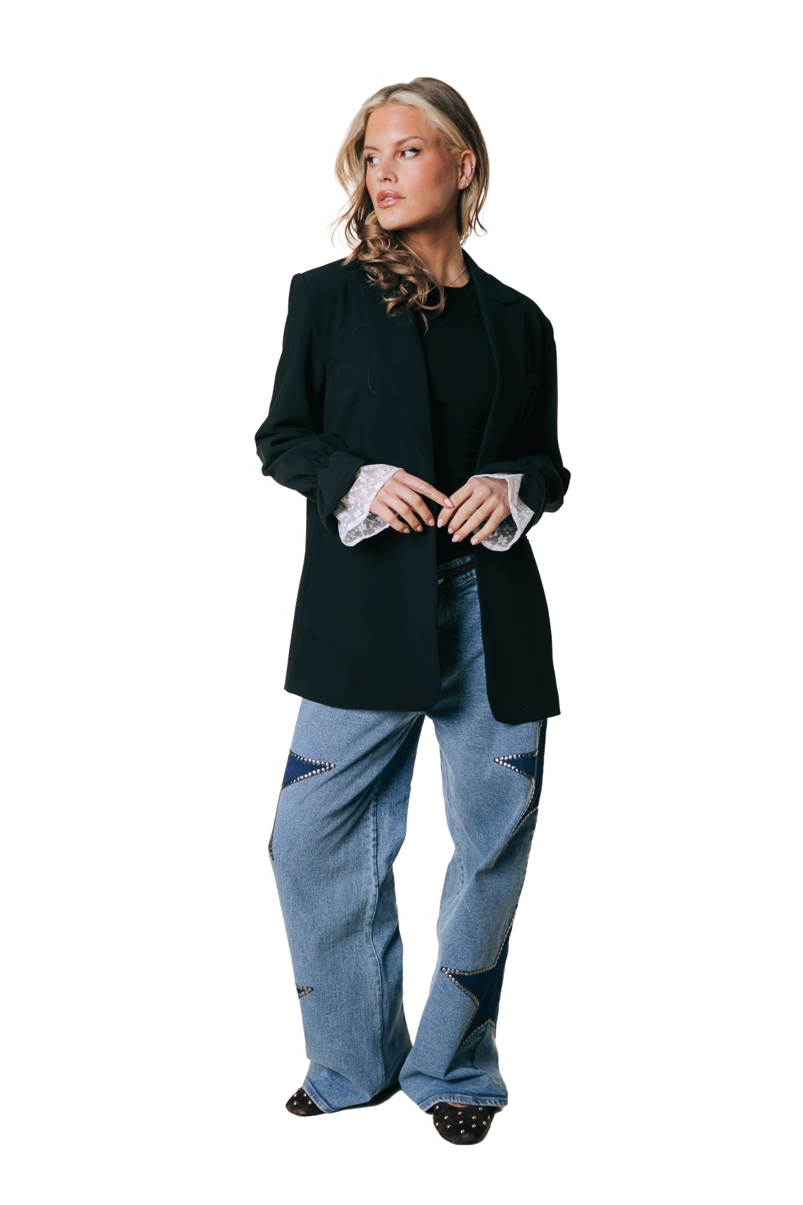 Mimmi Lace Peplum Sleeve Blazer | Black
