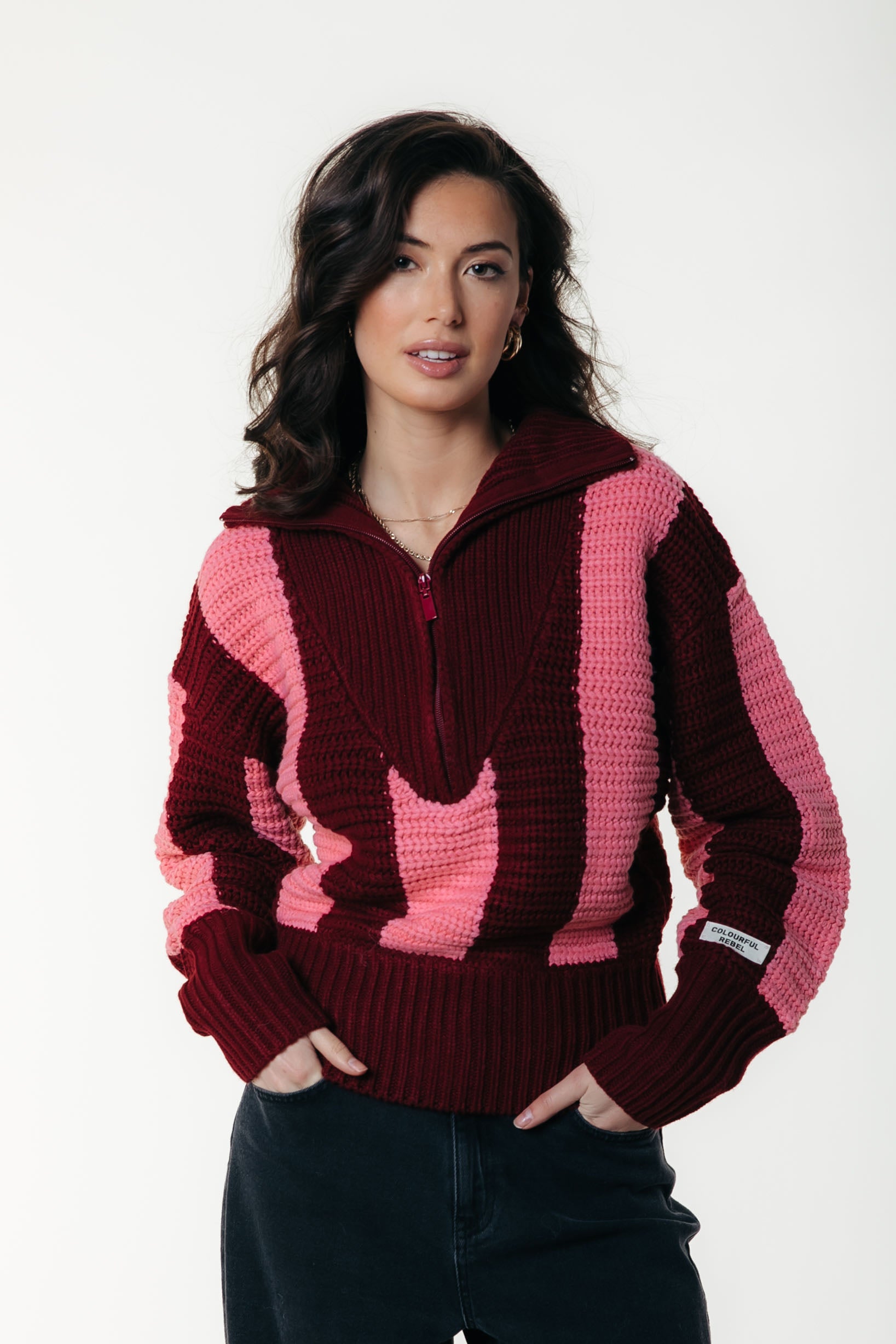 Yfke Stripe Zip Knit | Pink / Red