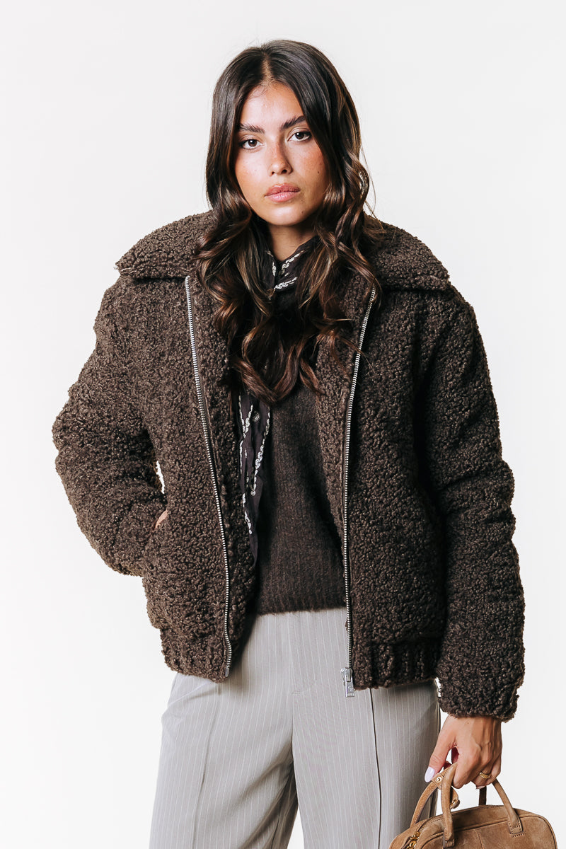 Charley Teddy Bomber Jacket | Chocolate Brown