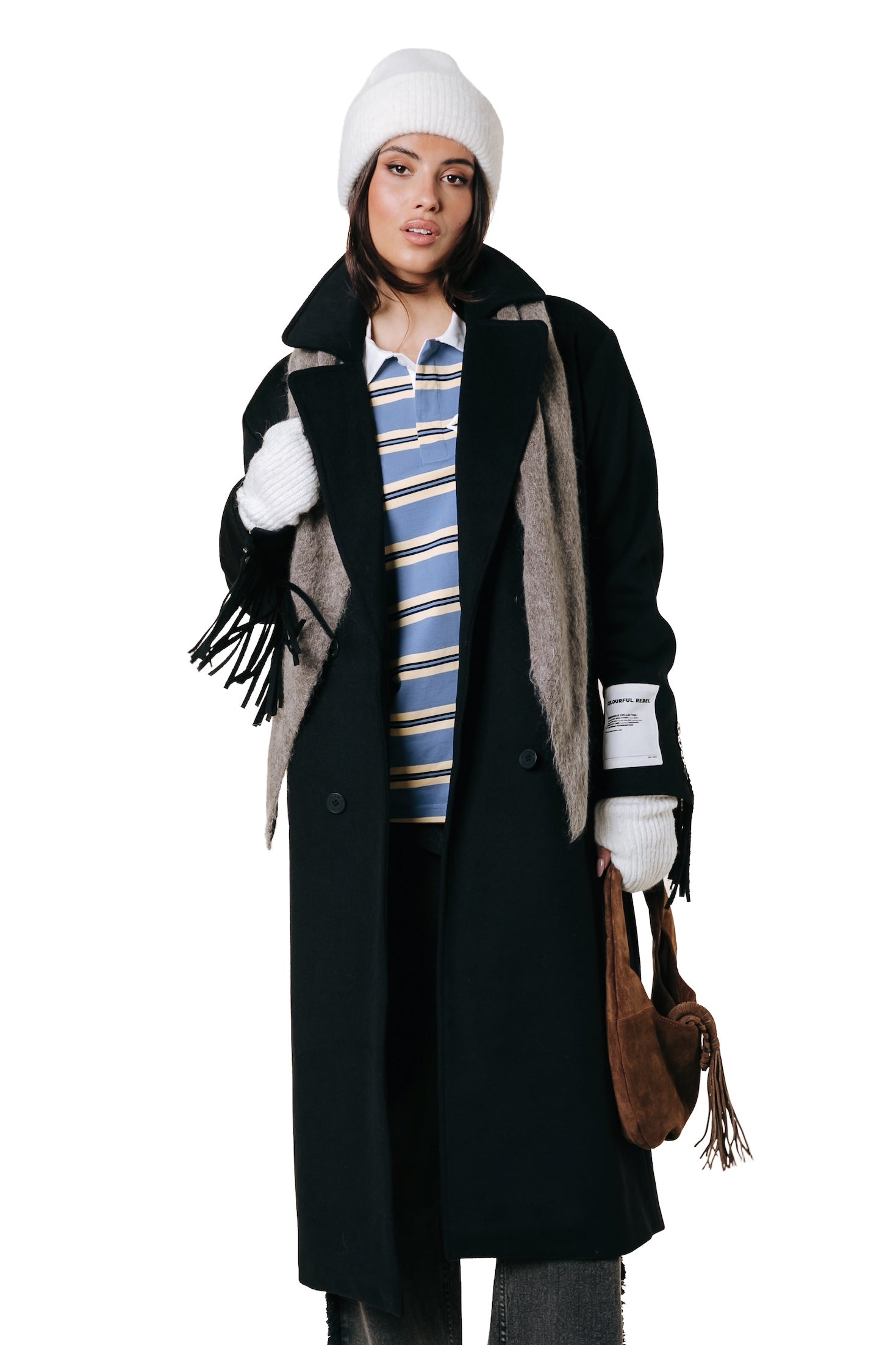 Zania Fringe Wool Long Coat | Black