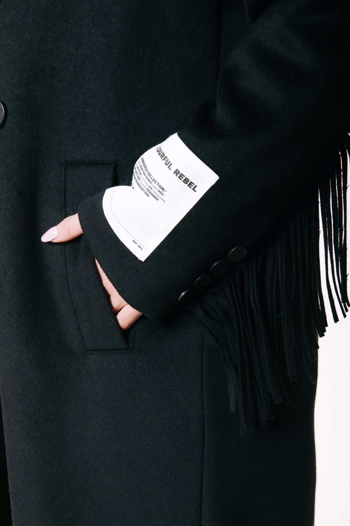 Zania Fringe Wool Long Coat | Black