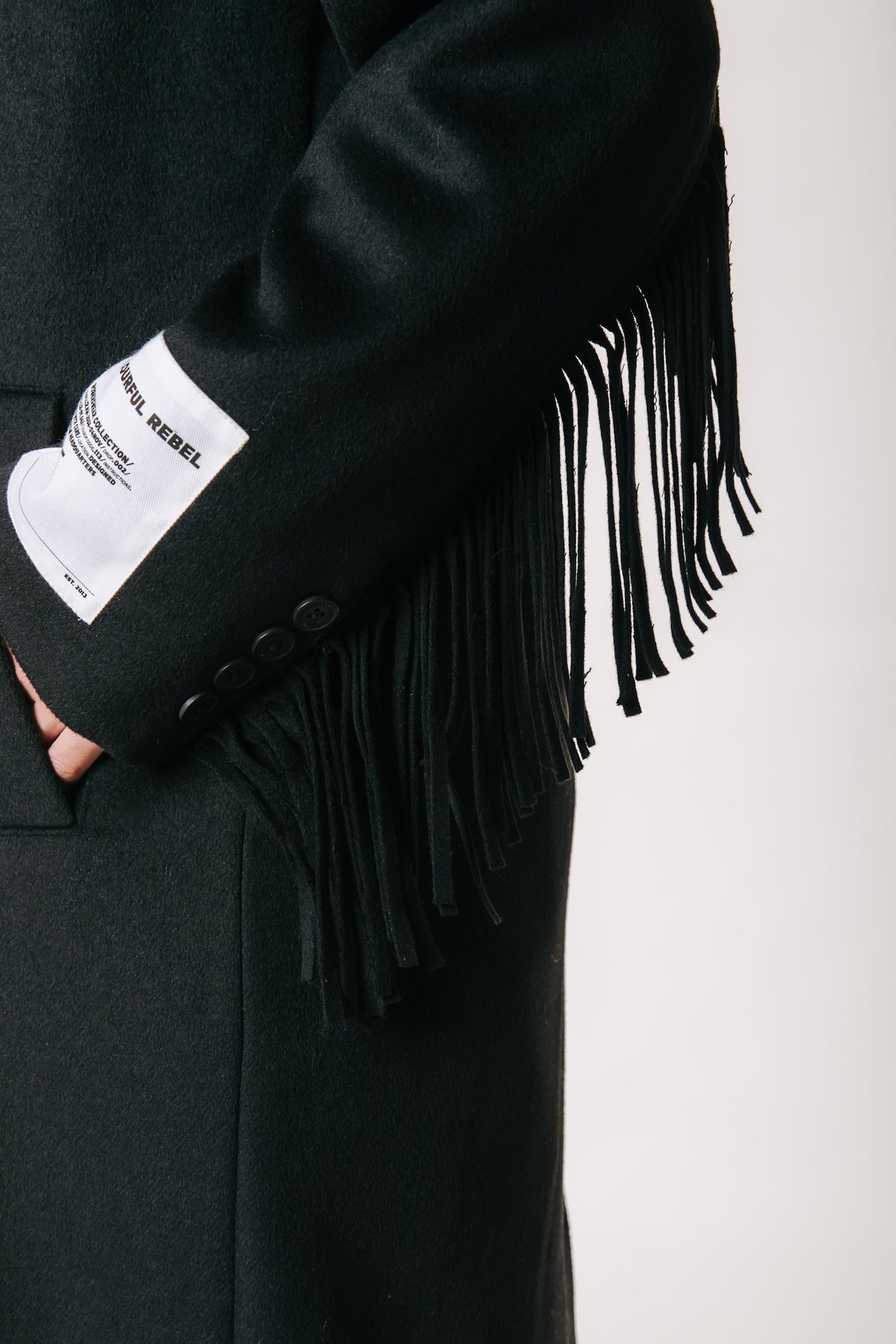 Zania Fringe Wool Long Coat | Black