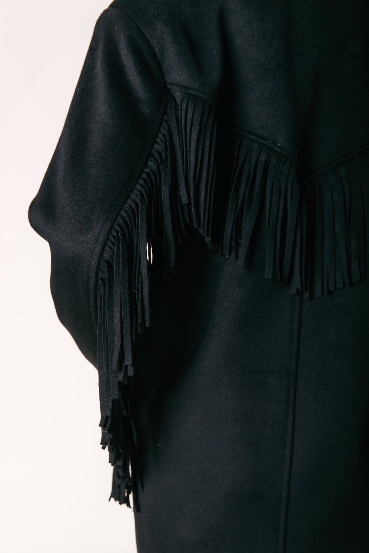 Zania Fringe Wool Long Coat | Black