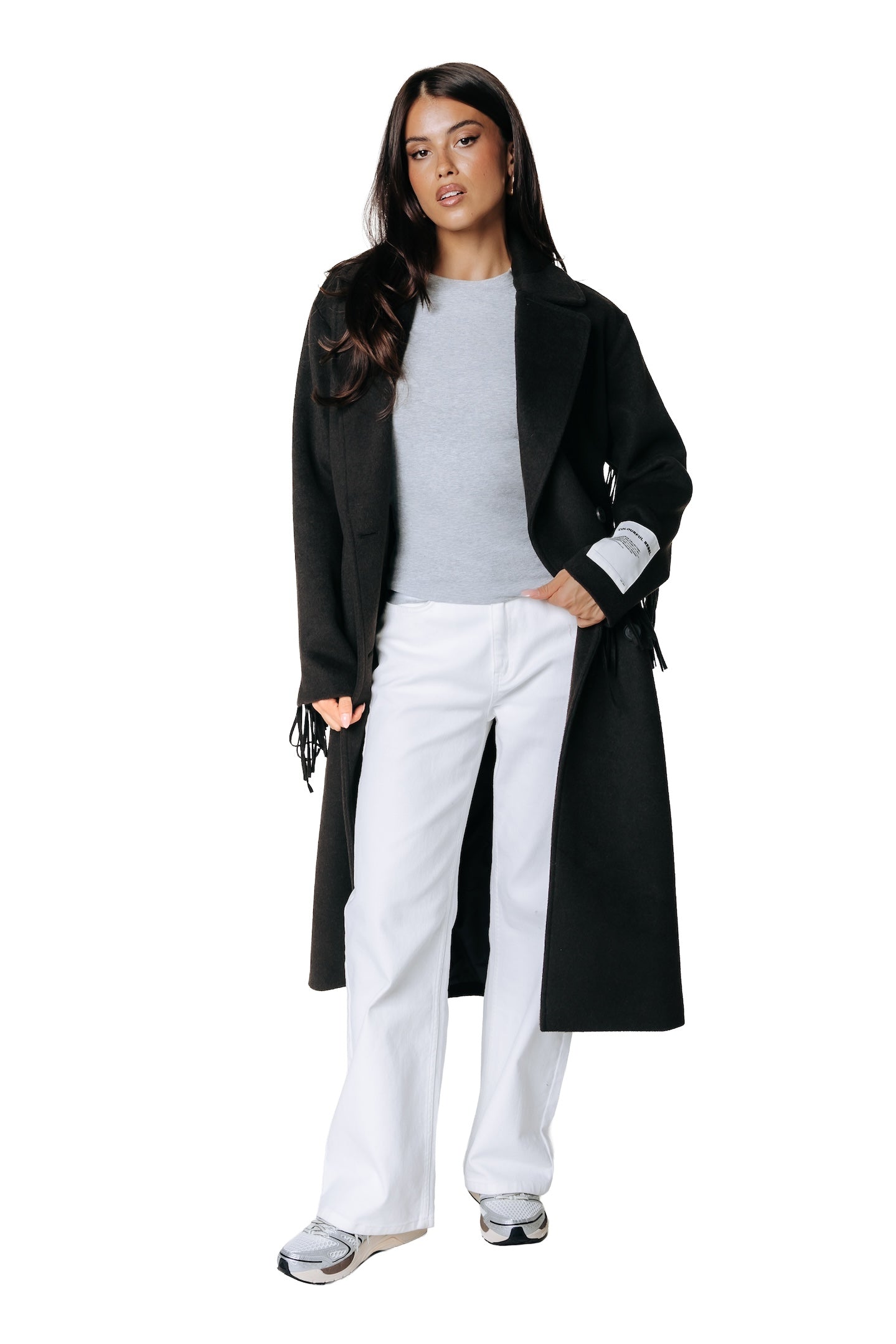 Zania Fringe Double Breasted Wool Long Coat | Brown