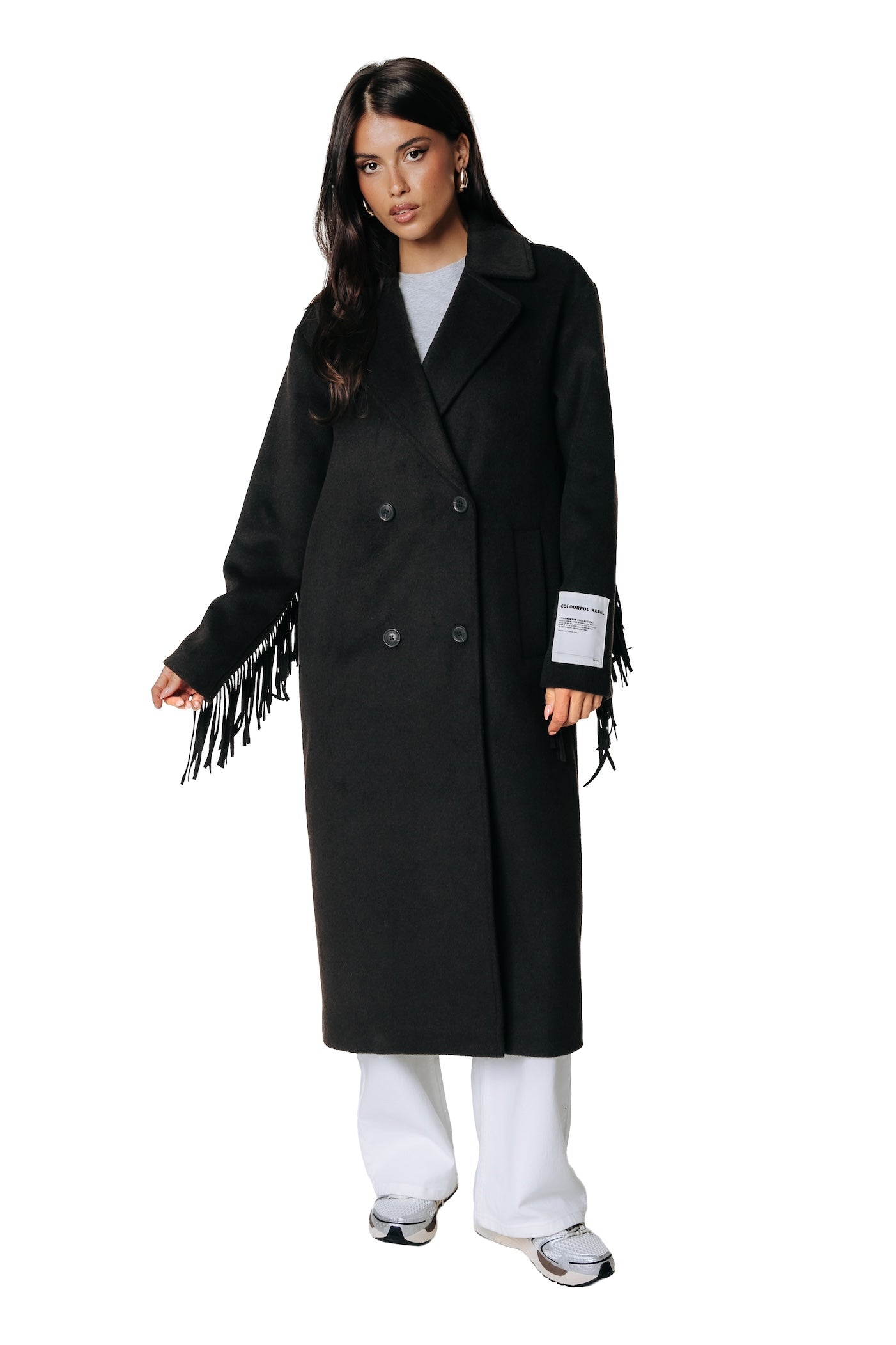 Zania Fringe Double Breasted Wool Long Coat | Brown
