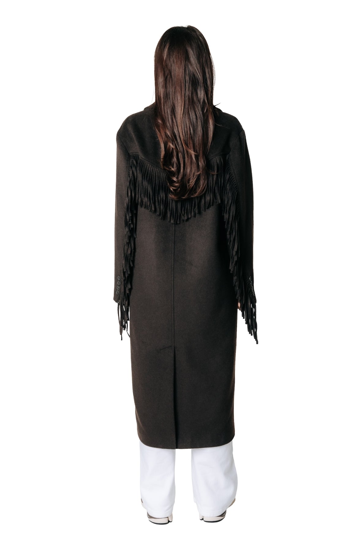 Zania Fringe Double Breasted Wool Long Coat | Brown