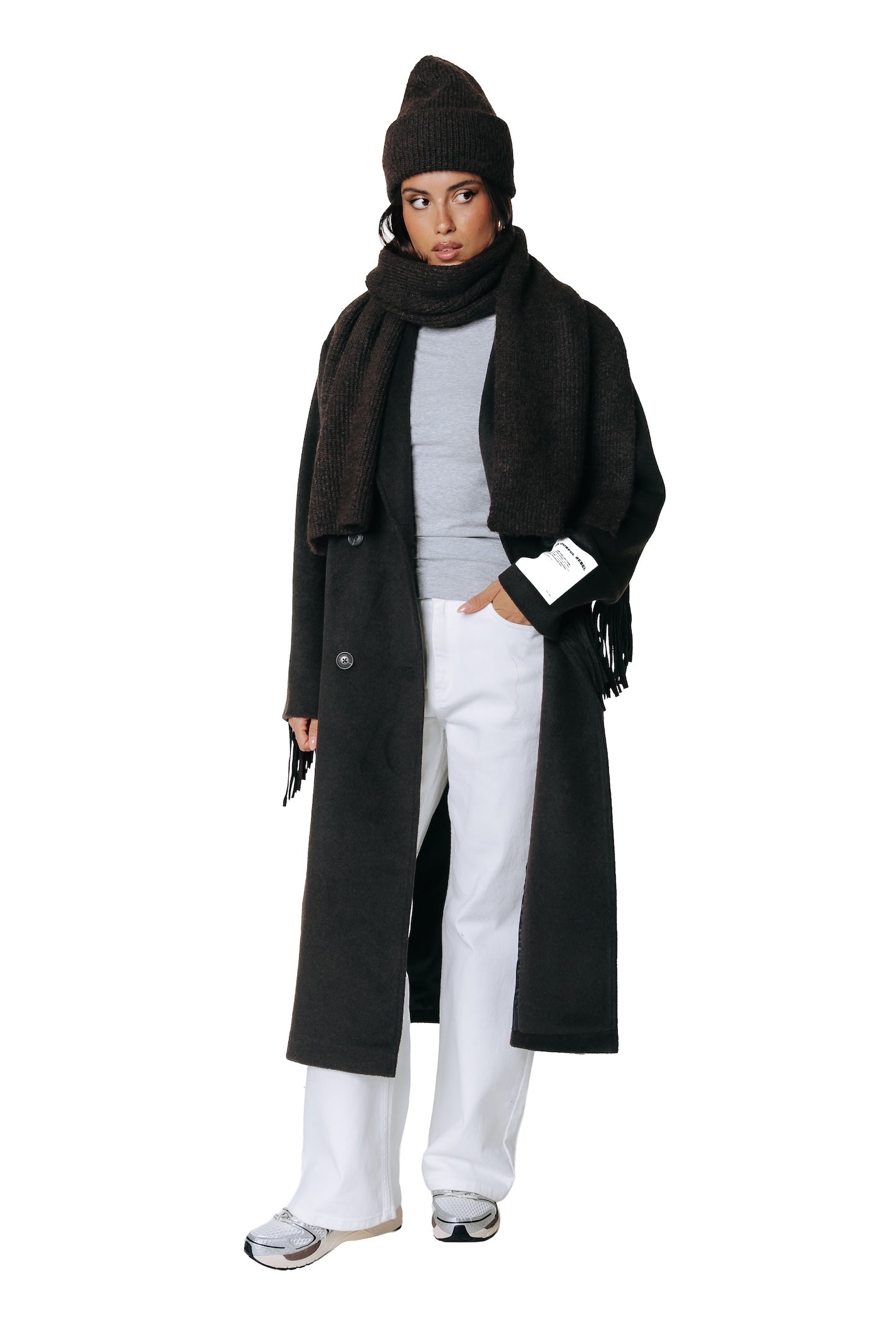 Zania Fringe Double Breasted Wool Long Coat | Brown