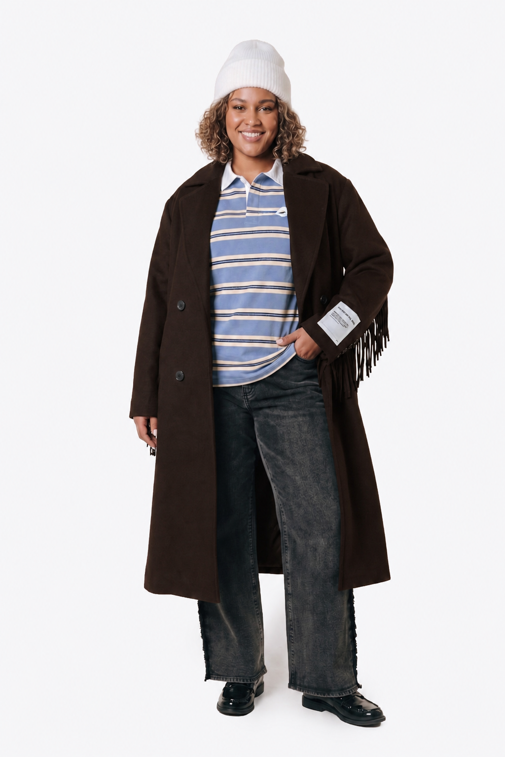 Zania Fringe Wool Long Coat | Brown