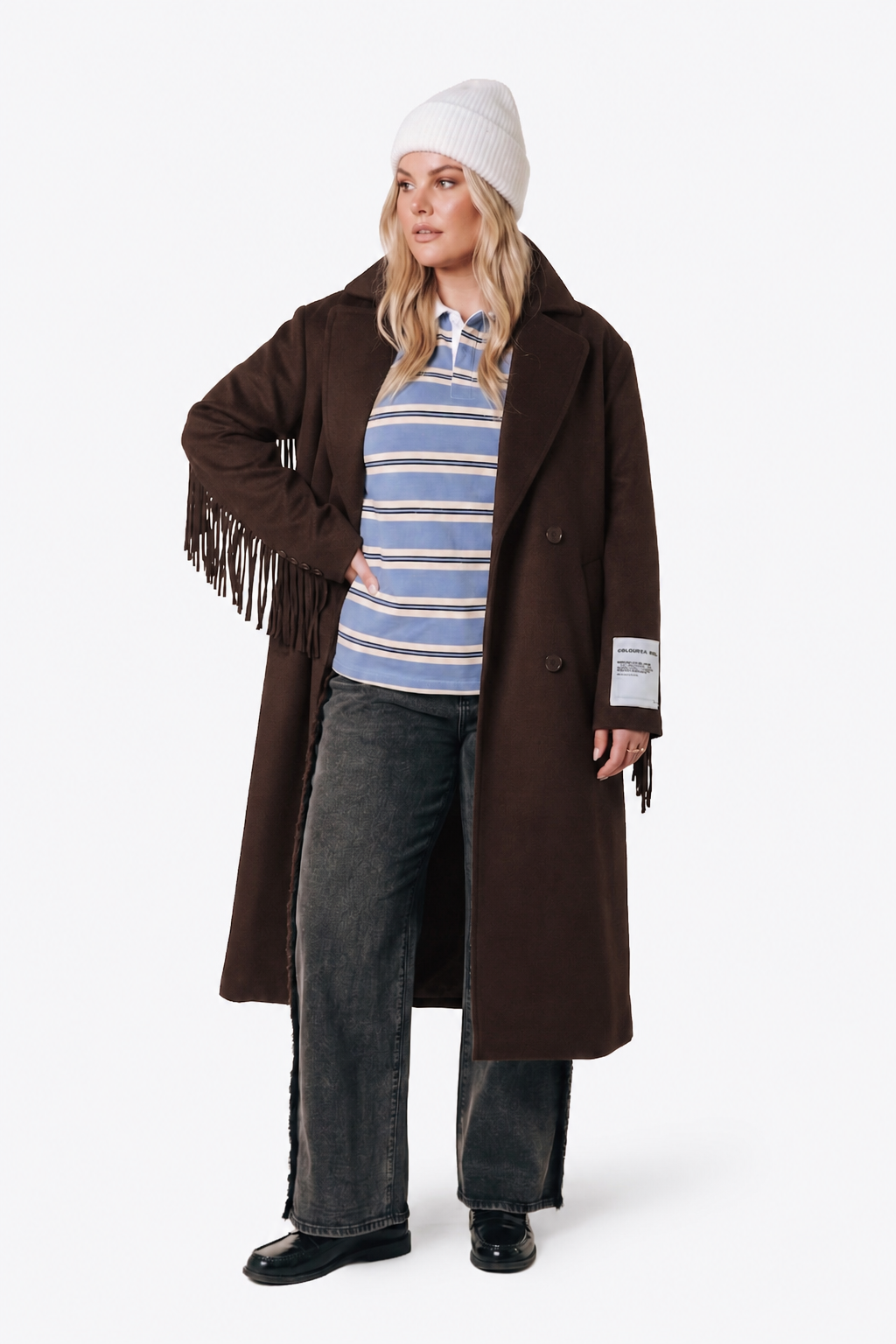Zania Fringe Wool Long Coat | Brown