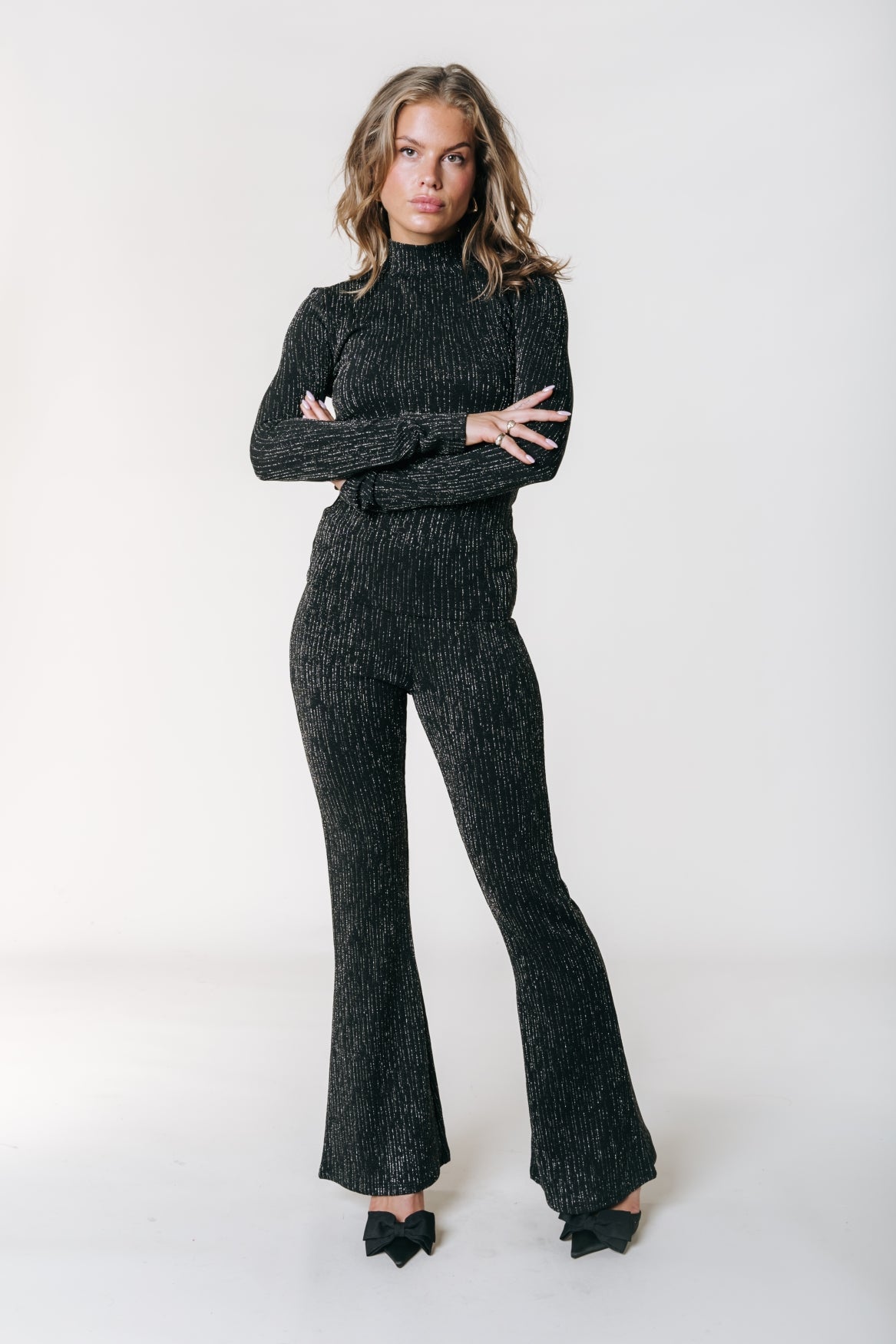 Lurex Stripe Flare Pants | Metallic silver