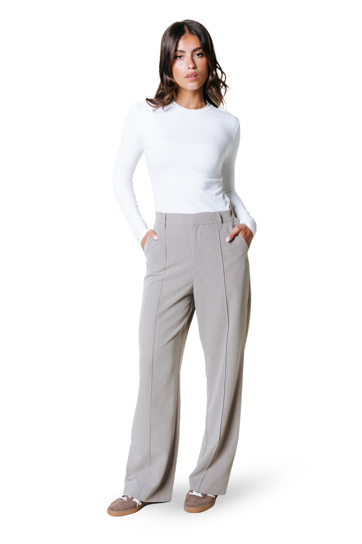 Rus Pinstripe Straight Pants | Beige