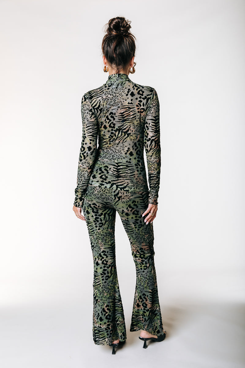 Leopard Flock Mesh Flare Pants | Army