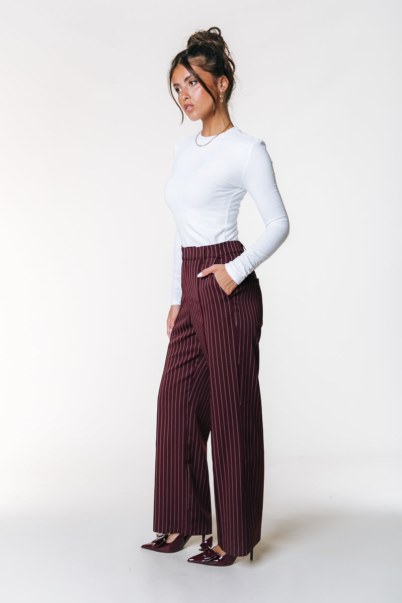 Rus Pinstripe Straight Pants | Merlot Red