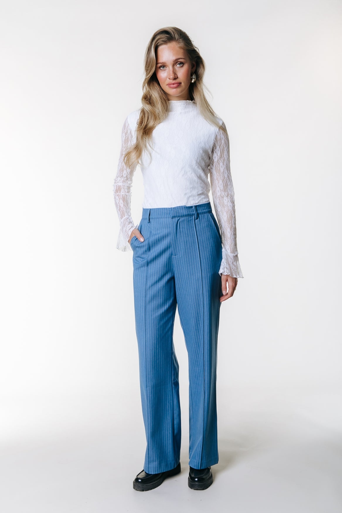 Rus Pinstripe Pintuck Melange Straight Pants | Mid grey blue
