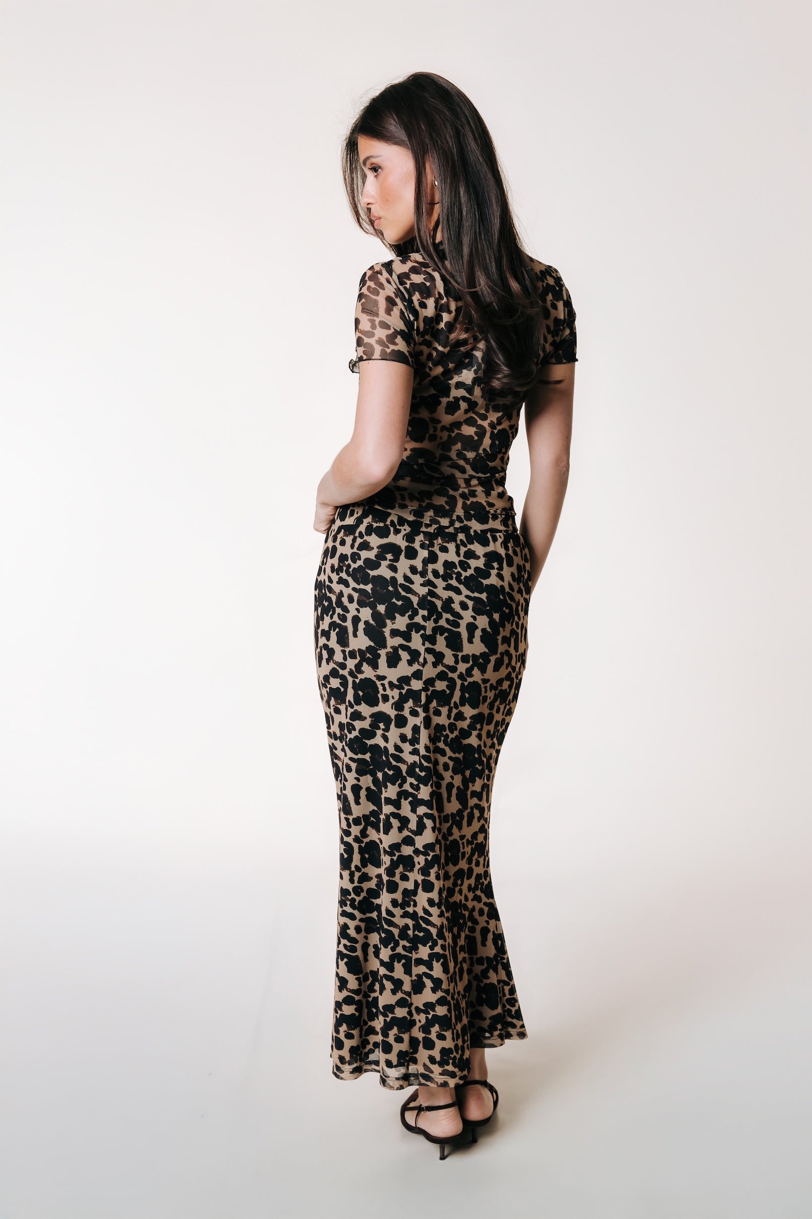 Josie Leopard Mesh Midirock | Beige