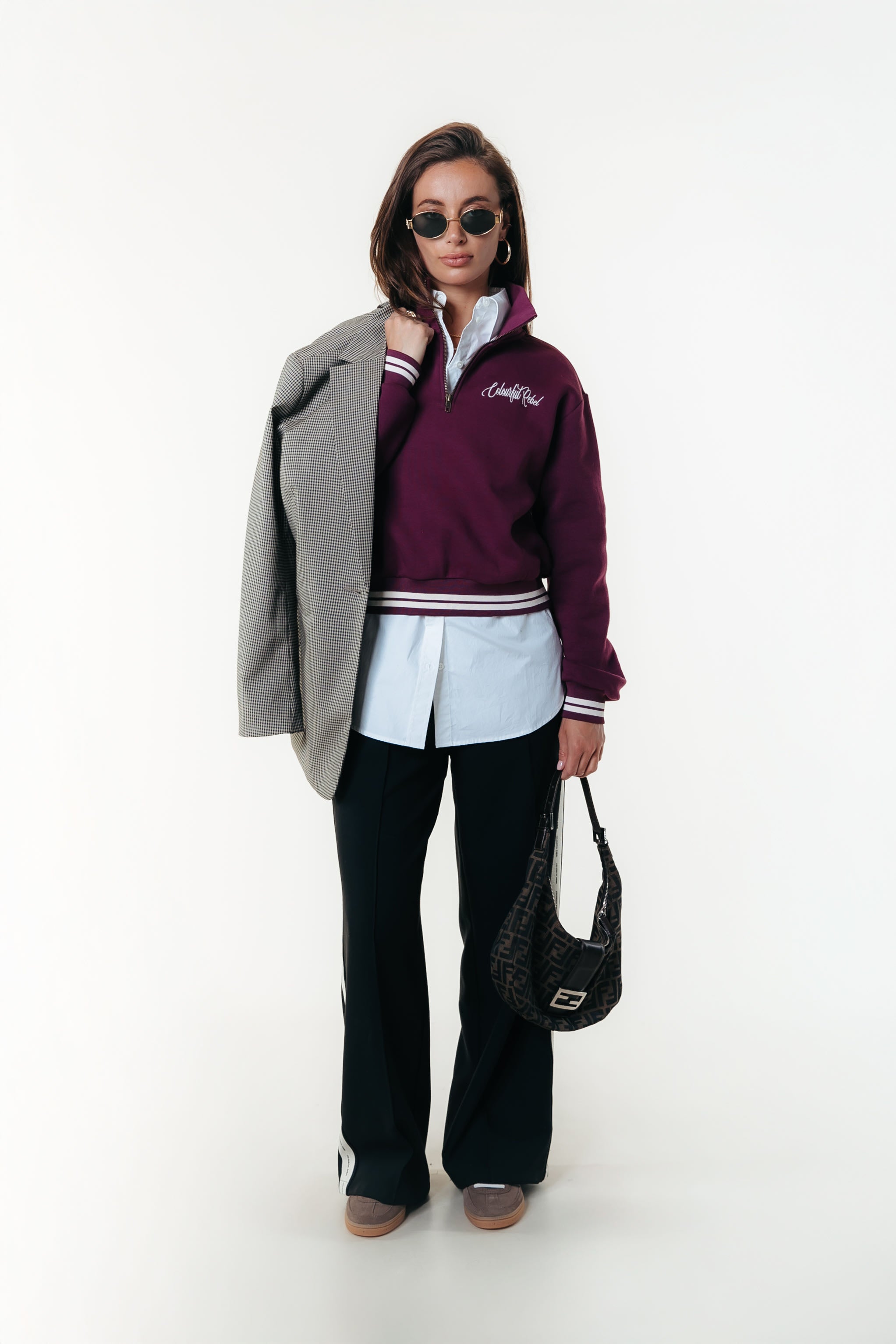 Striped Cuff Zip Sweat | Merlot Red