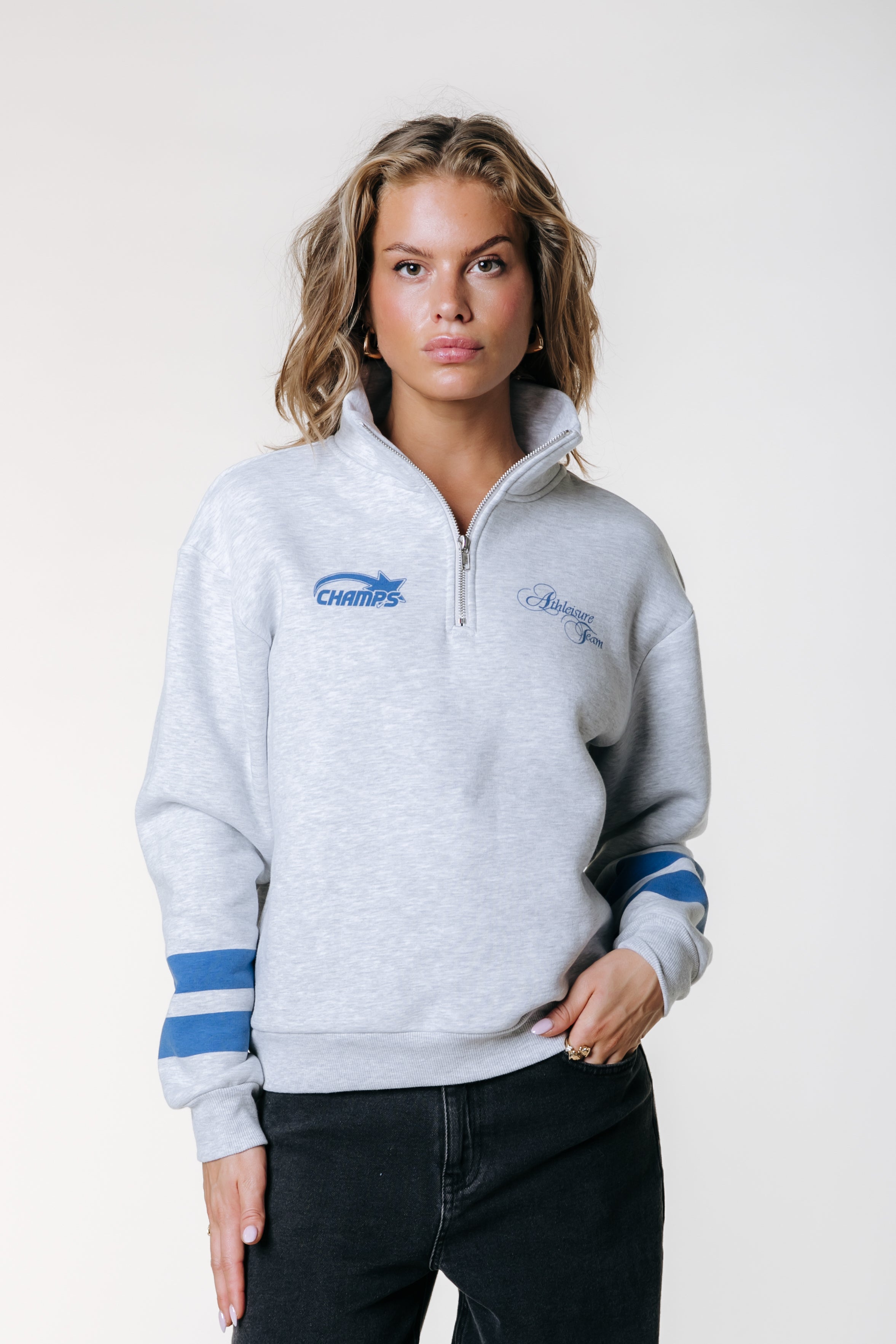 Logo Stripes Zip Sweat | Light grey melange