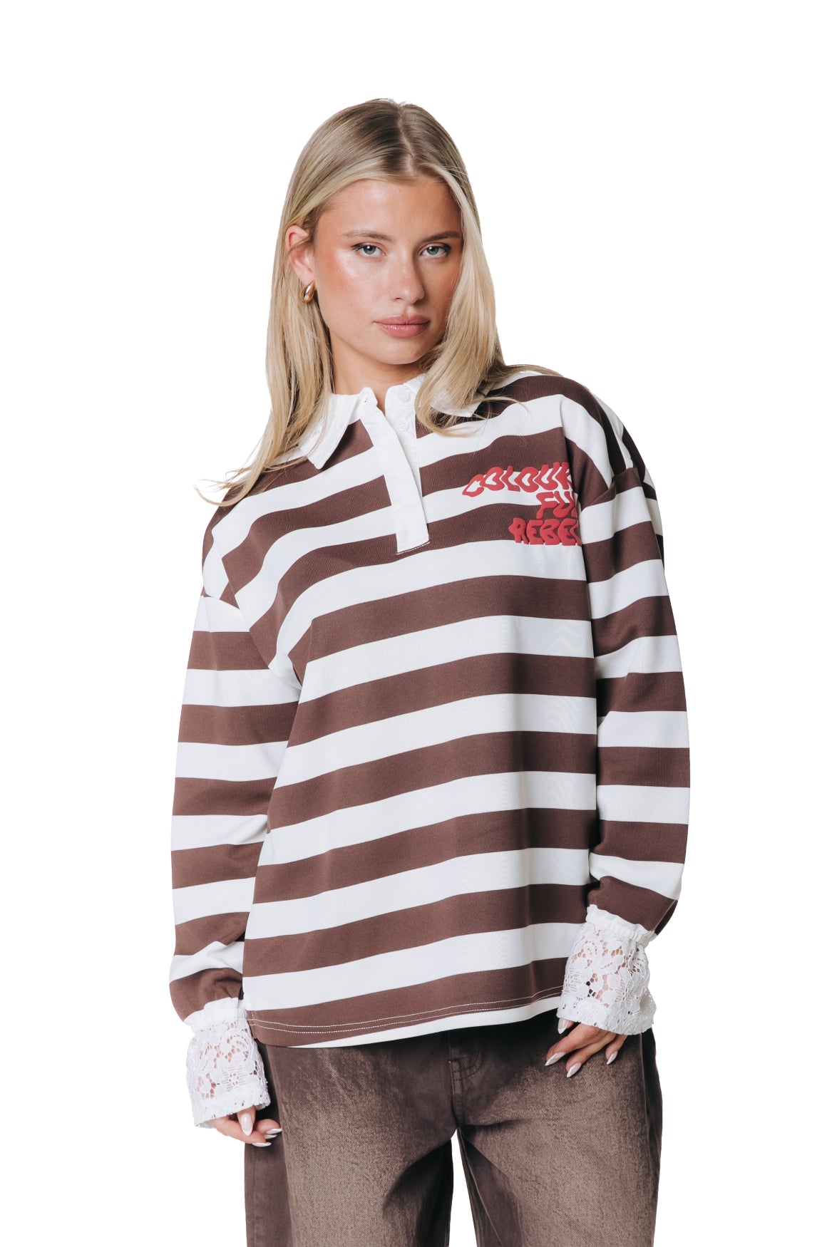 Skyler Striped Lace Polo Longsleeve | White/Brown