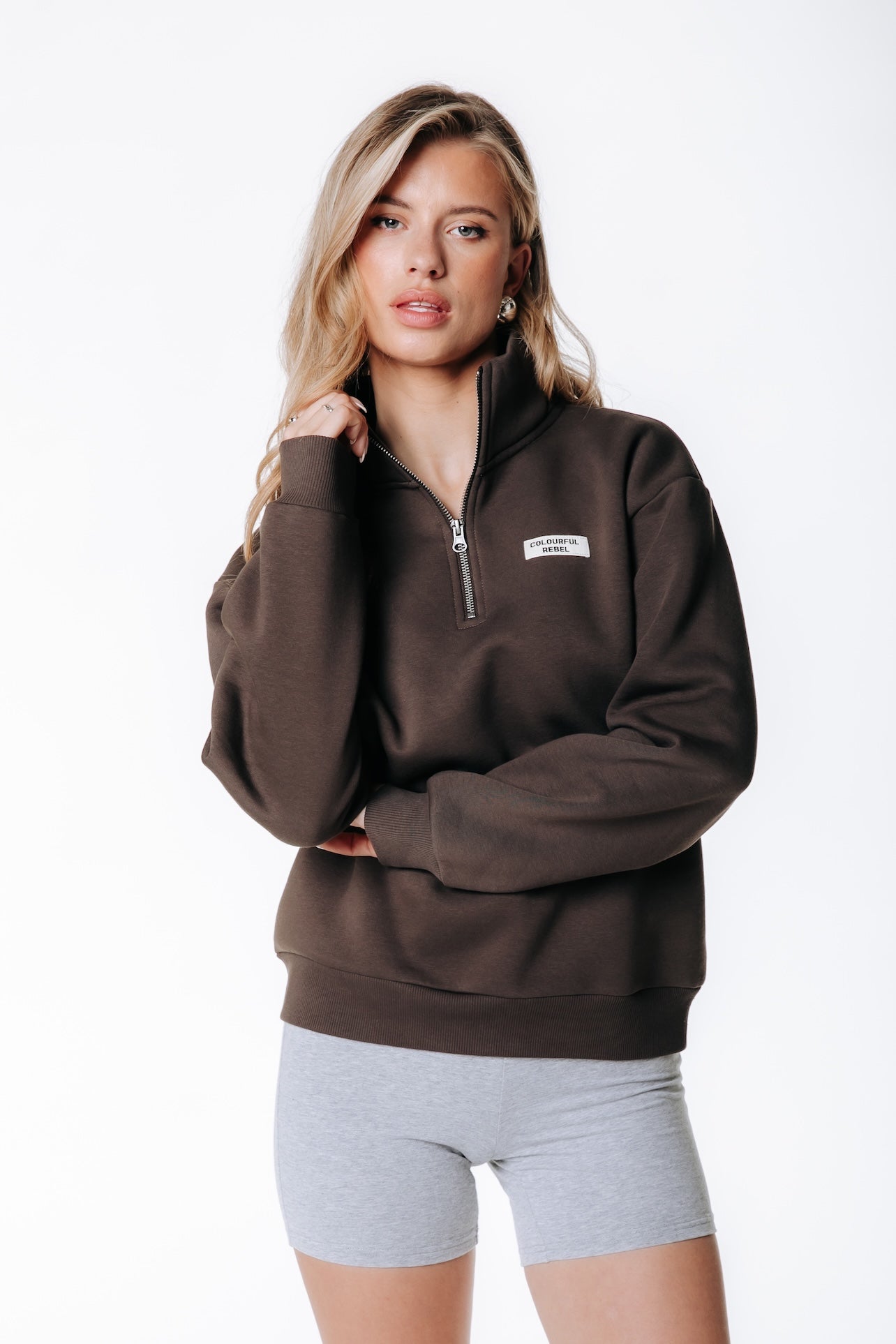 Uni Label Relaxed Zip Sweatshirt | Braun