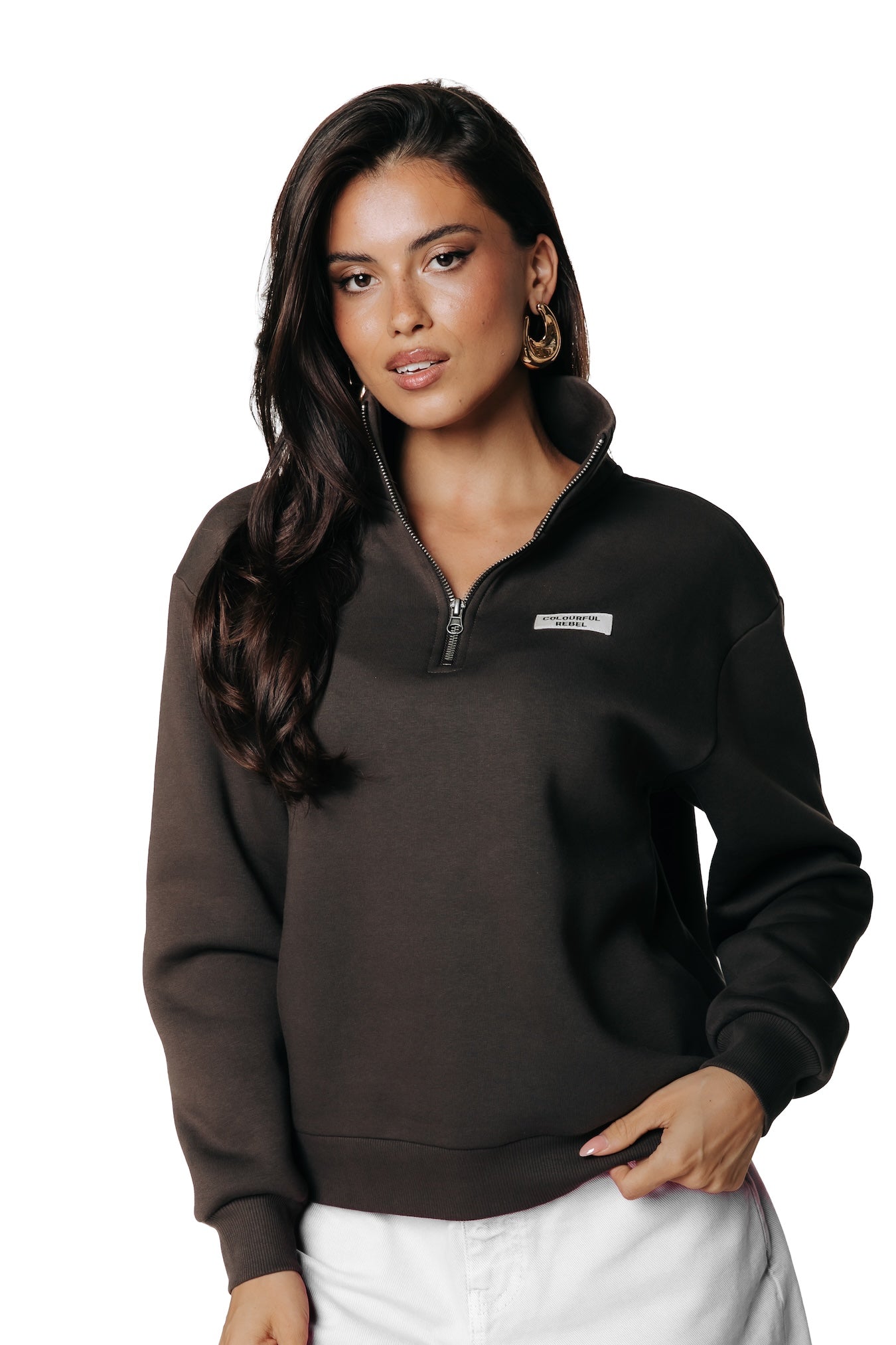 Label Zip Sweat | Darkest Brown