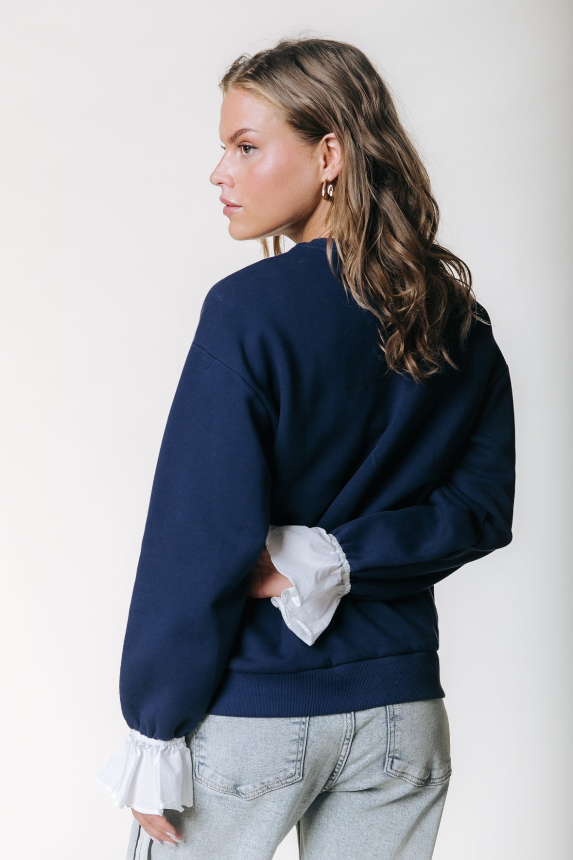 Poplin Cuff Dropped Shoulder Sweat | Navy