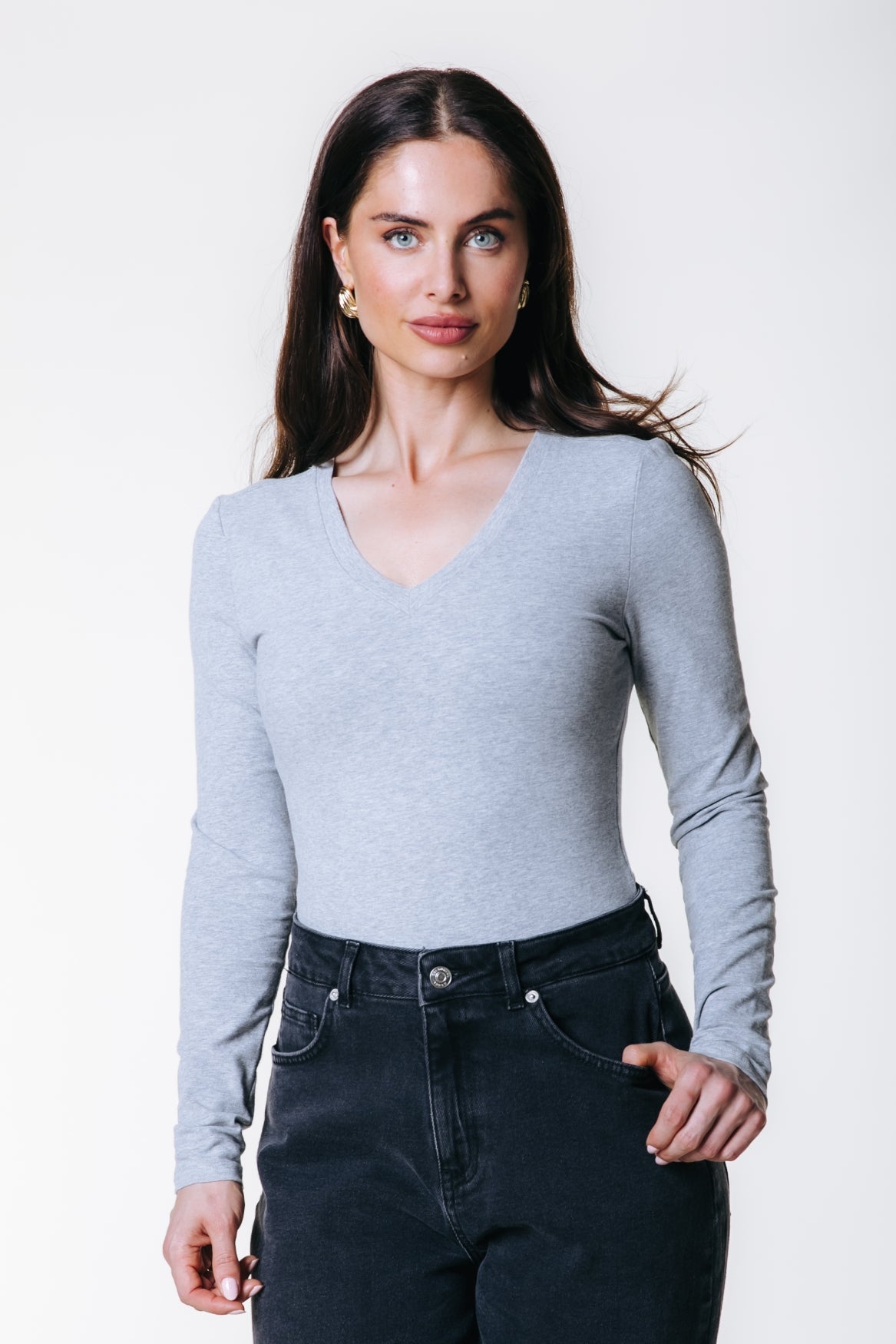 Fitted Longsleeve V-neck Top | Medium grey melange