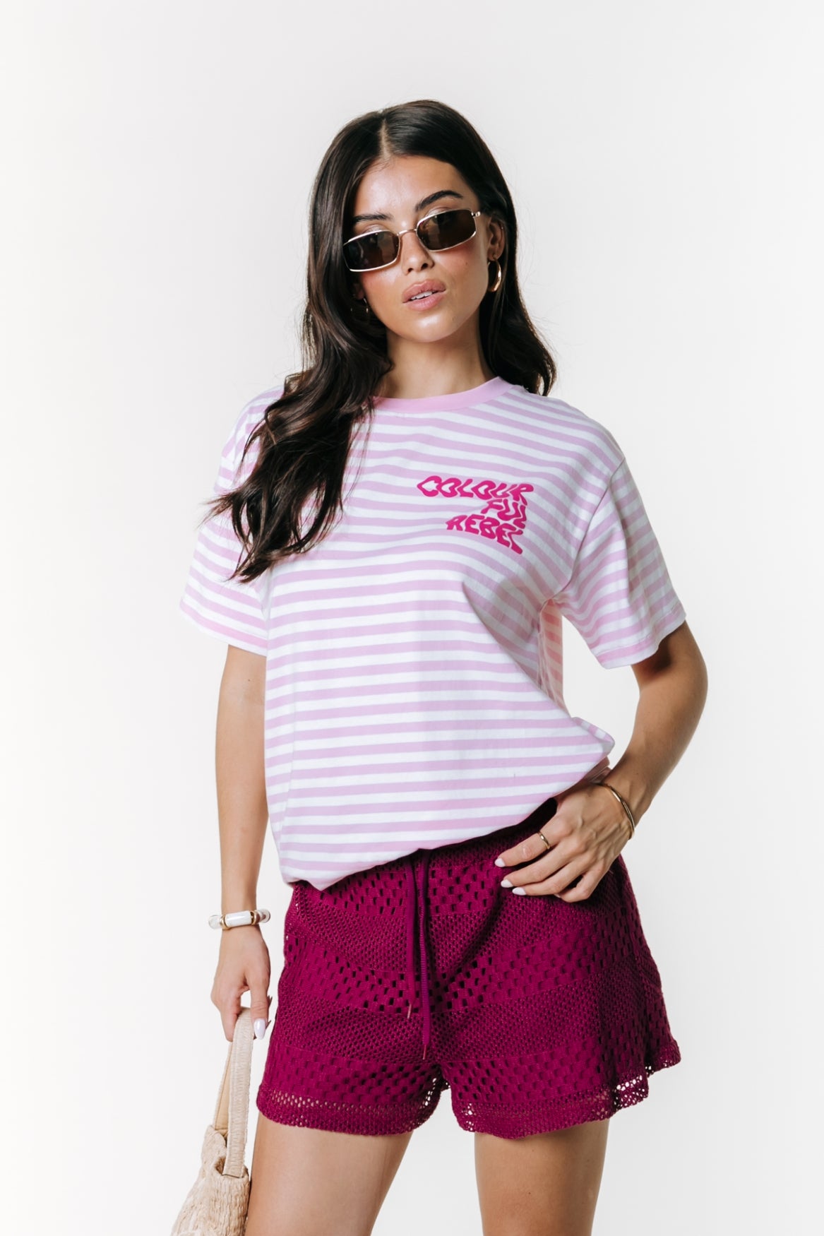 Puff Logo Stripe Loosefit Tee | Light Pink