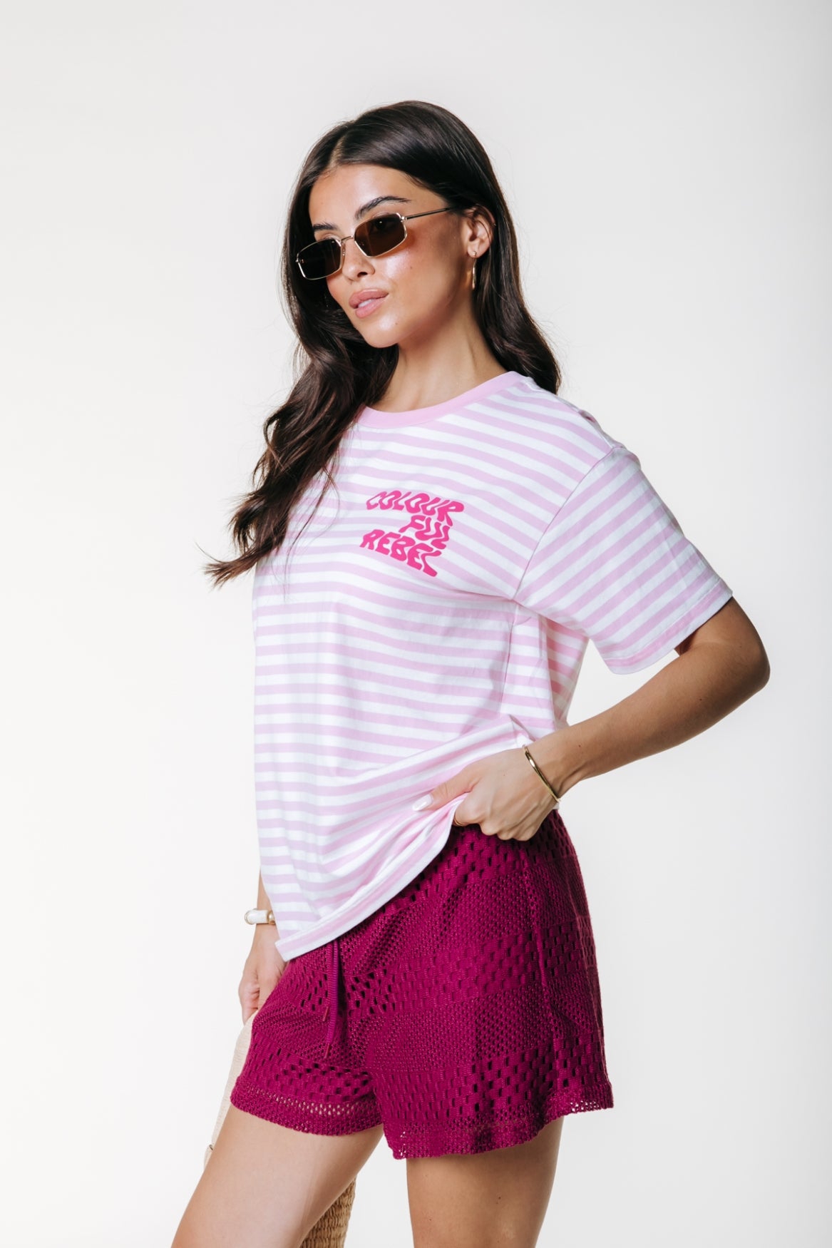 Puff Logo Stripe Loosefit Tee | Light Pink