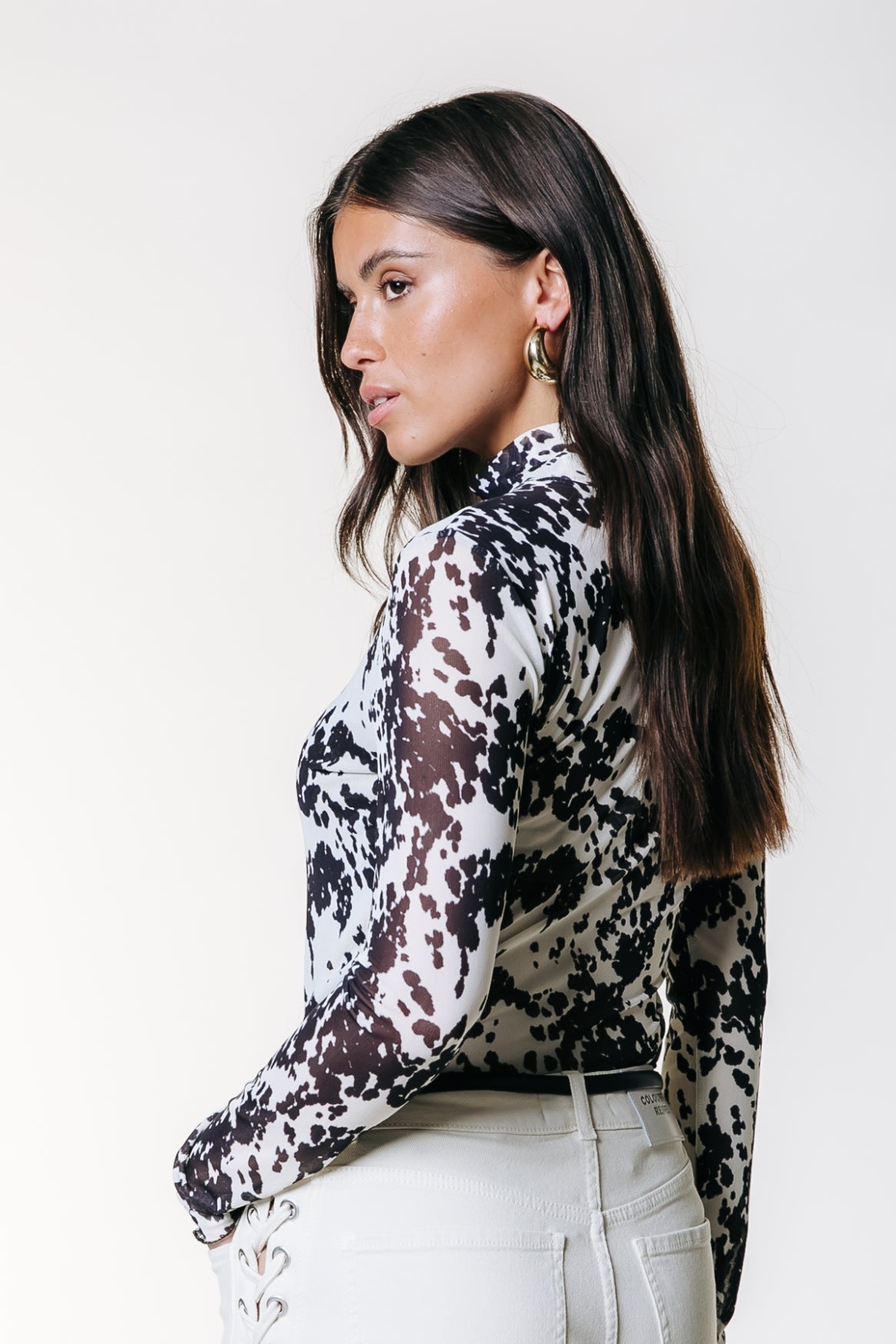 Neyo Cow Mesh Turtleneck Top | Beige