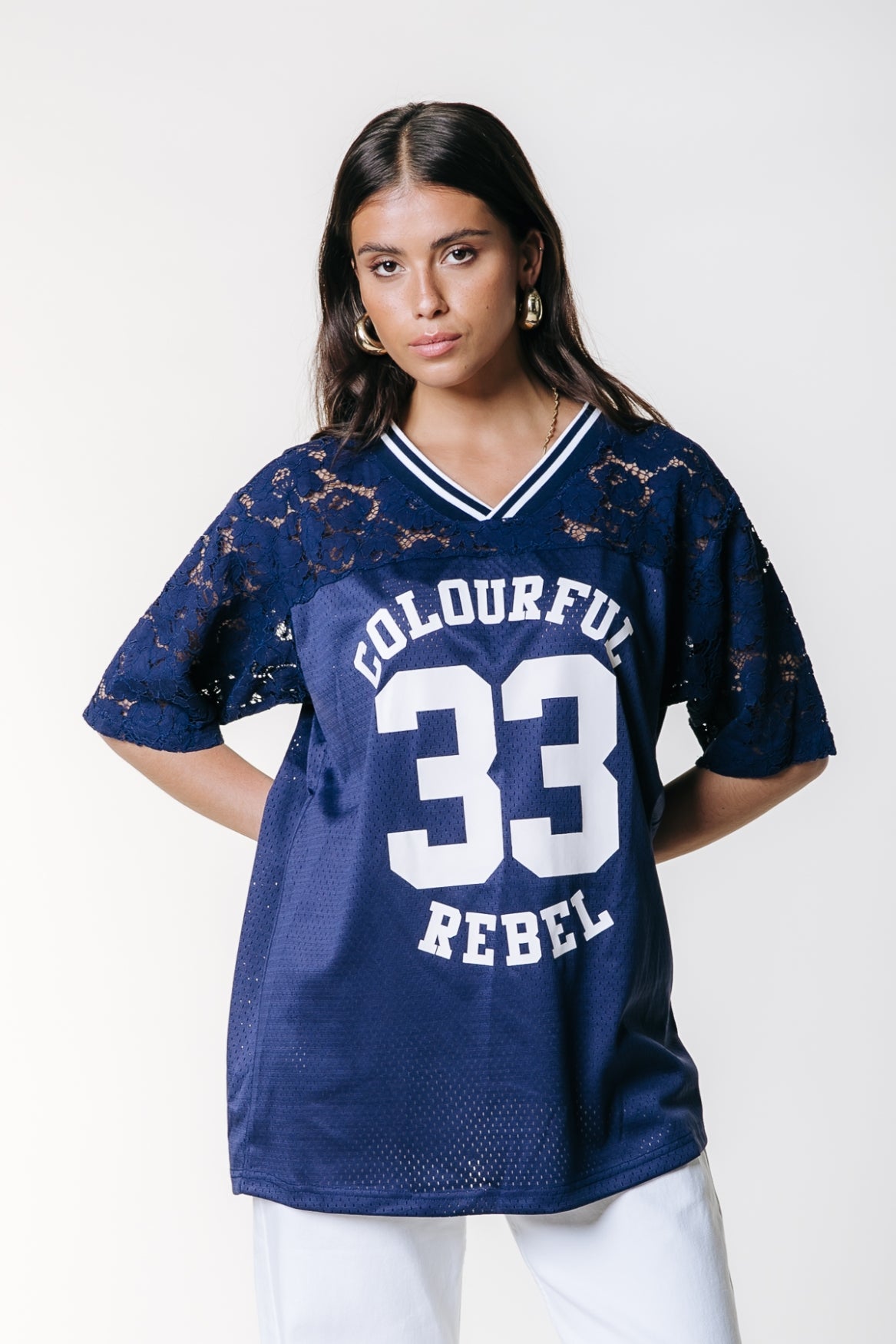 Tayla 33 Lace Mesh Football Tee | Deep blue