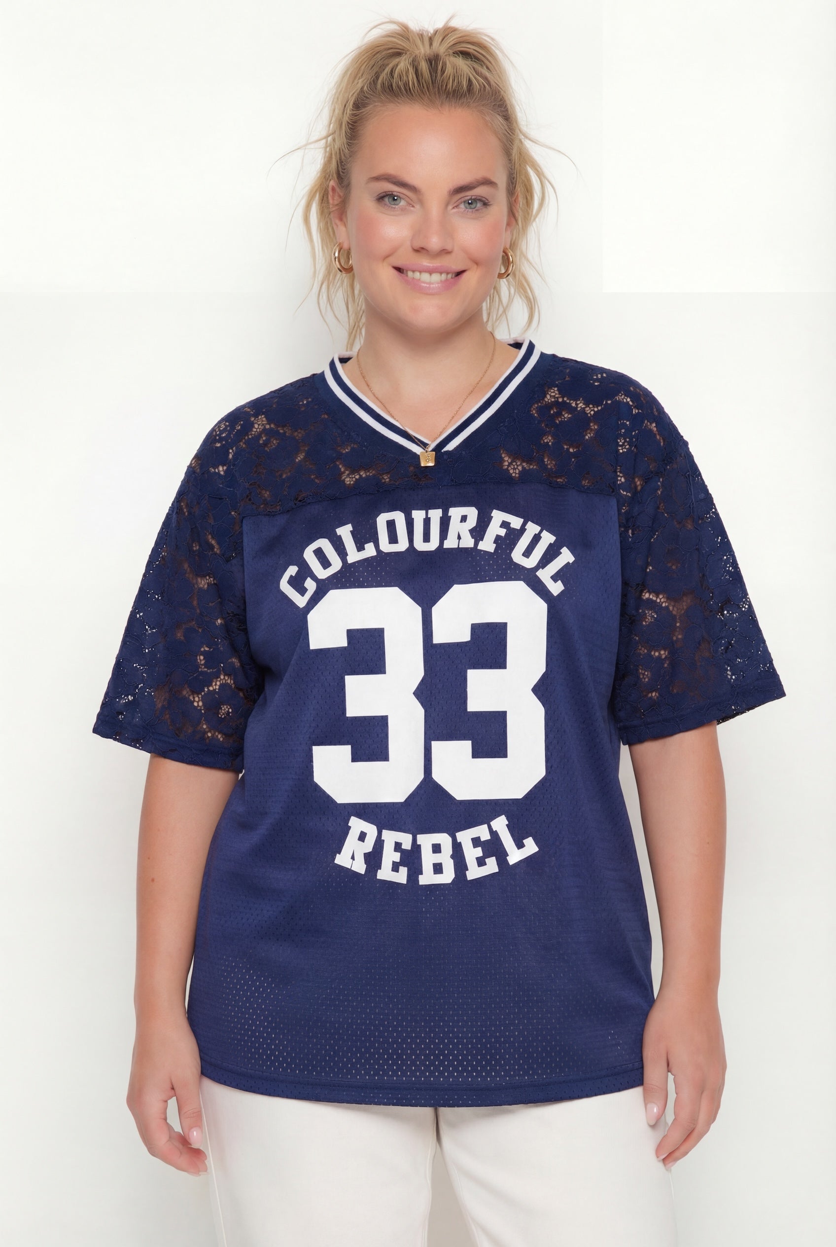 Tayla 33 Lace Mesh Football Tee | Dunkelblau