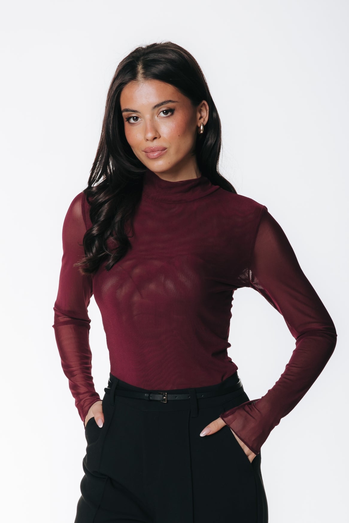 Mesh Turtleneck Top | Merlot Red