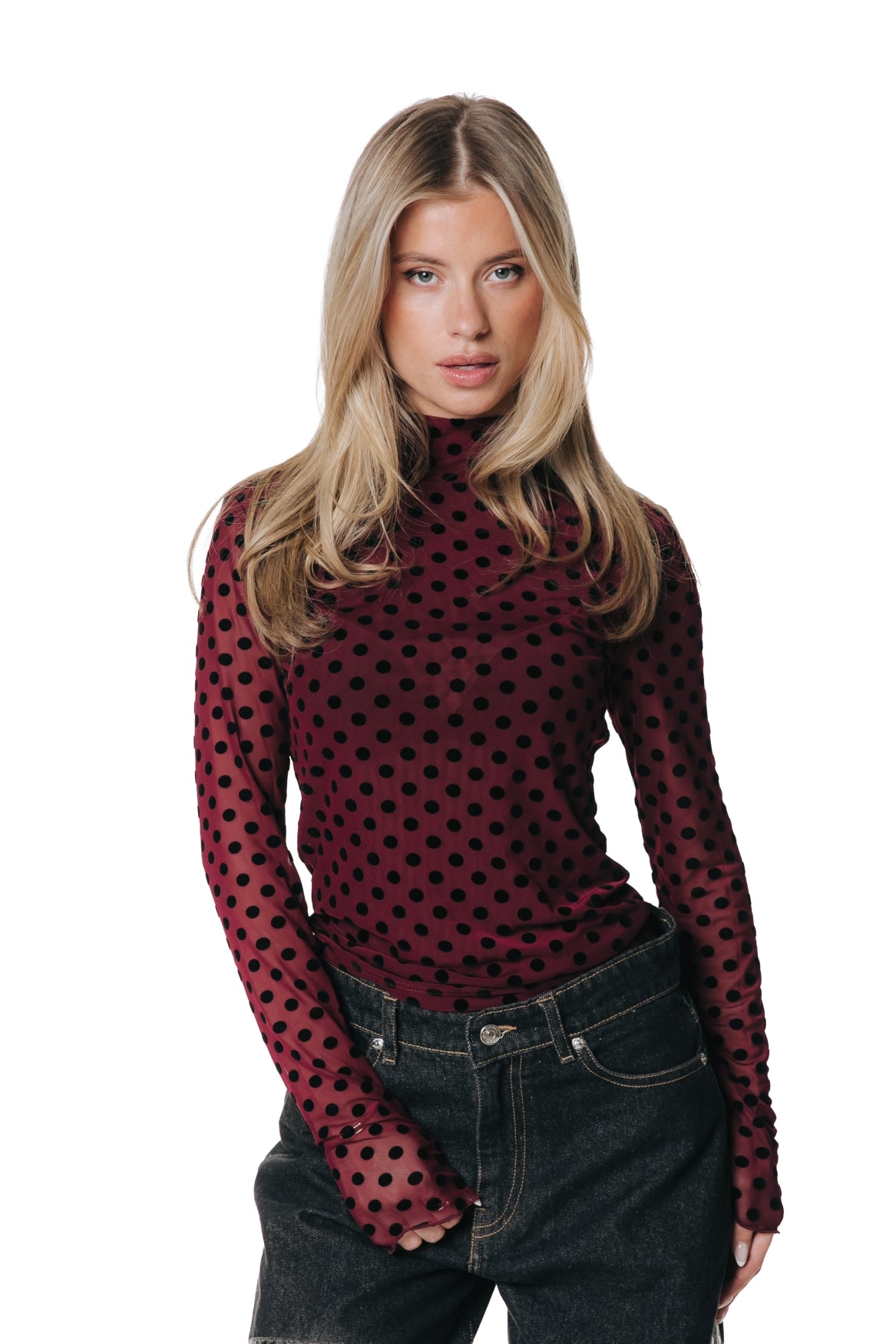 Neyo Polka Flock Mesh Turtleneck Top | Red