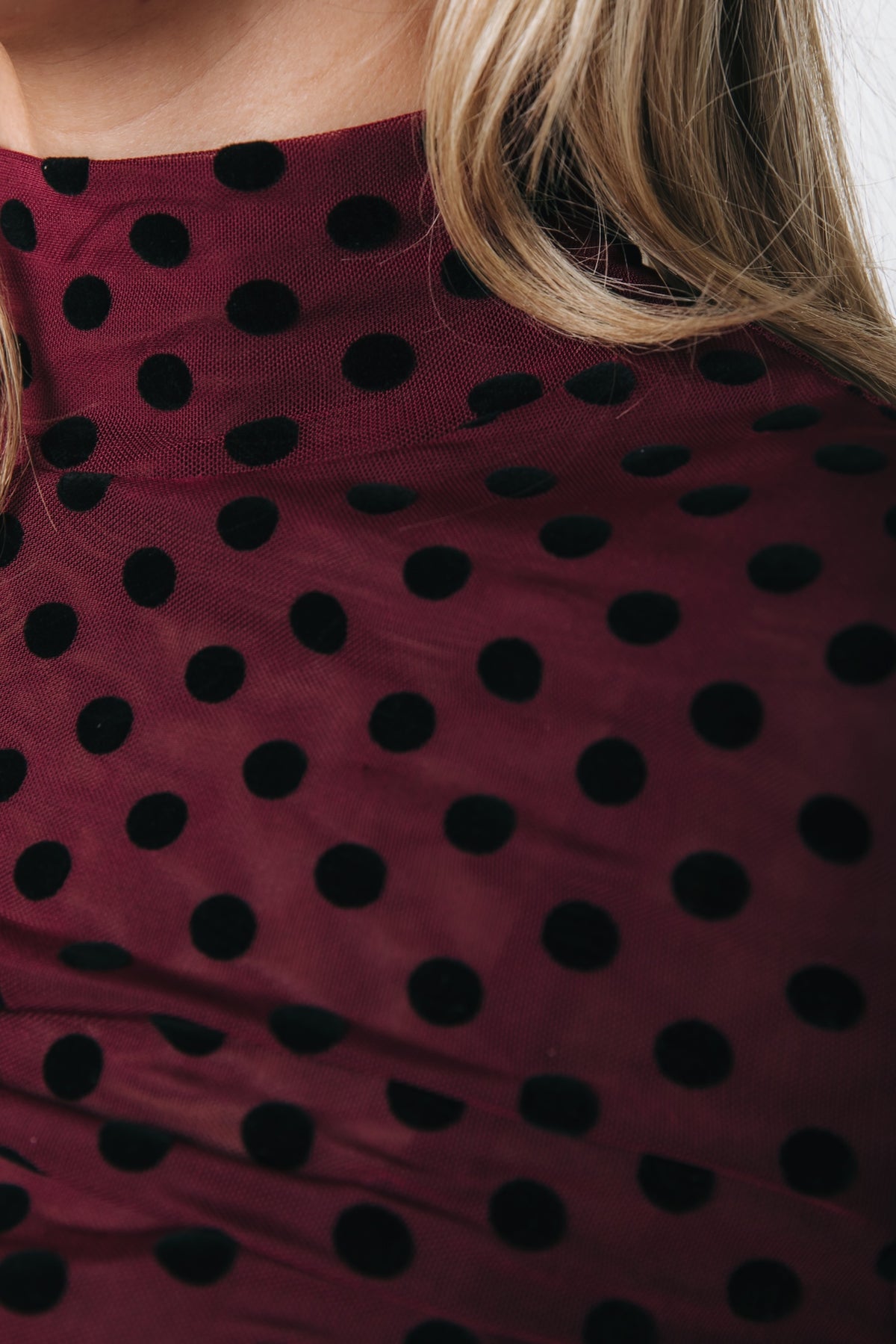 Neyo Polka Flock Mesh Turtleneck Top | Red