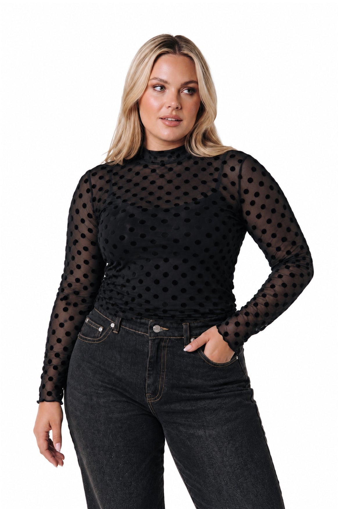 Neyo Polka Flock Mesh Top | Black