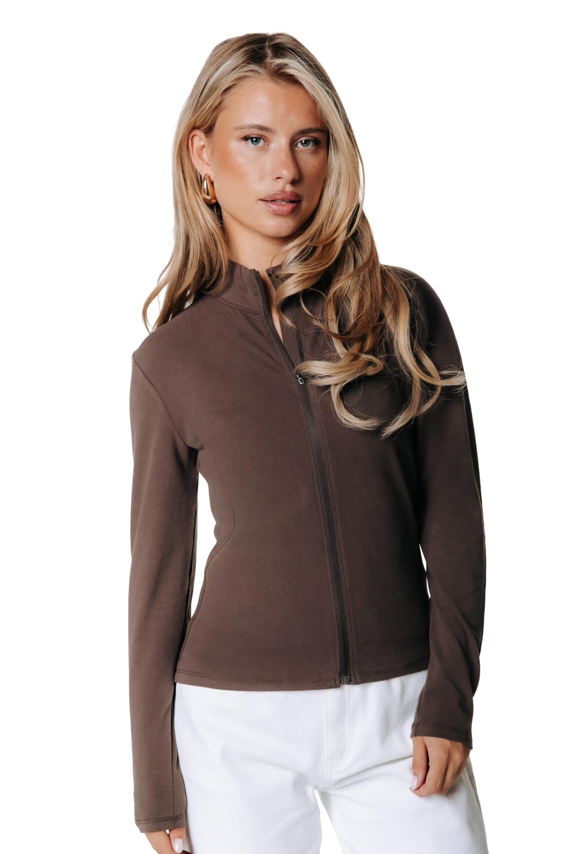 Fitted Full Zip Top | Brown