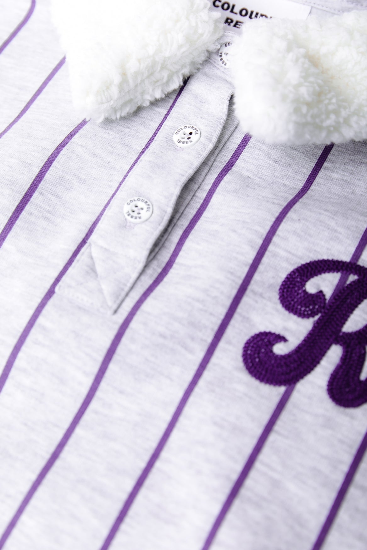 Baseball Striped Collar Sweat | Light Grey Melange / Lilac
