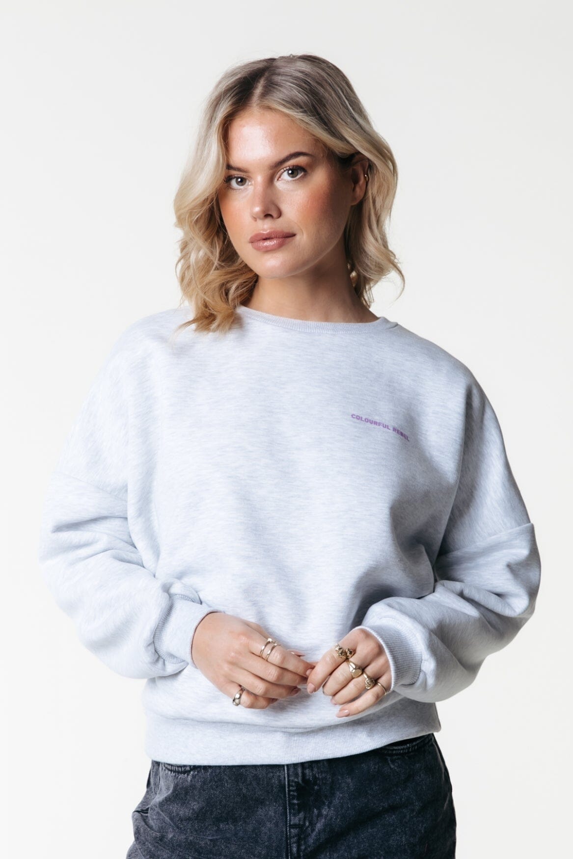 Colourful Rebel Flower World Tour Dropped Shoulder Sweat | Light grey melange 