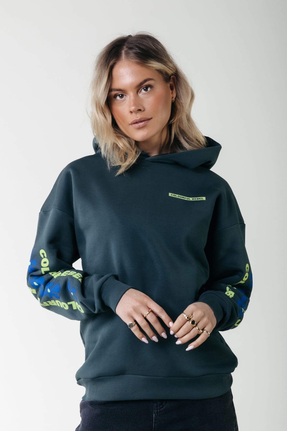 Colourful Rebel Flowers Sleeve Logo Hoodie | Green gables 8720867051749