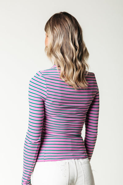 Colourful Rebel Jessie Stripe Rib Long Sleeve Top | Pink 