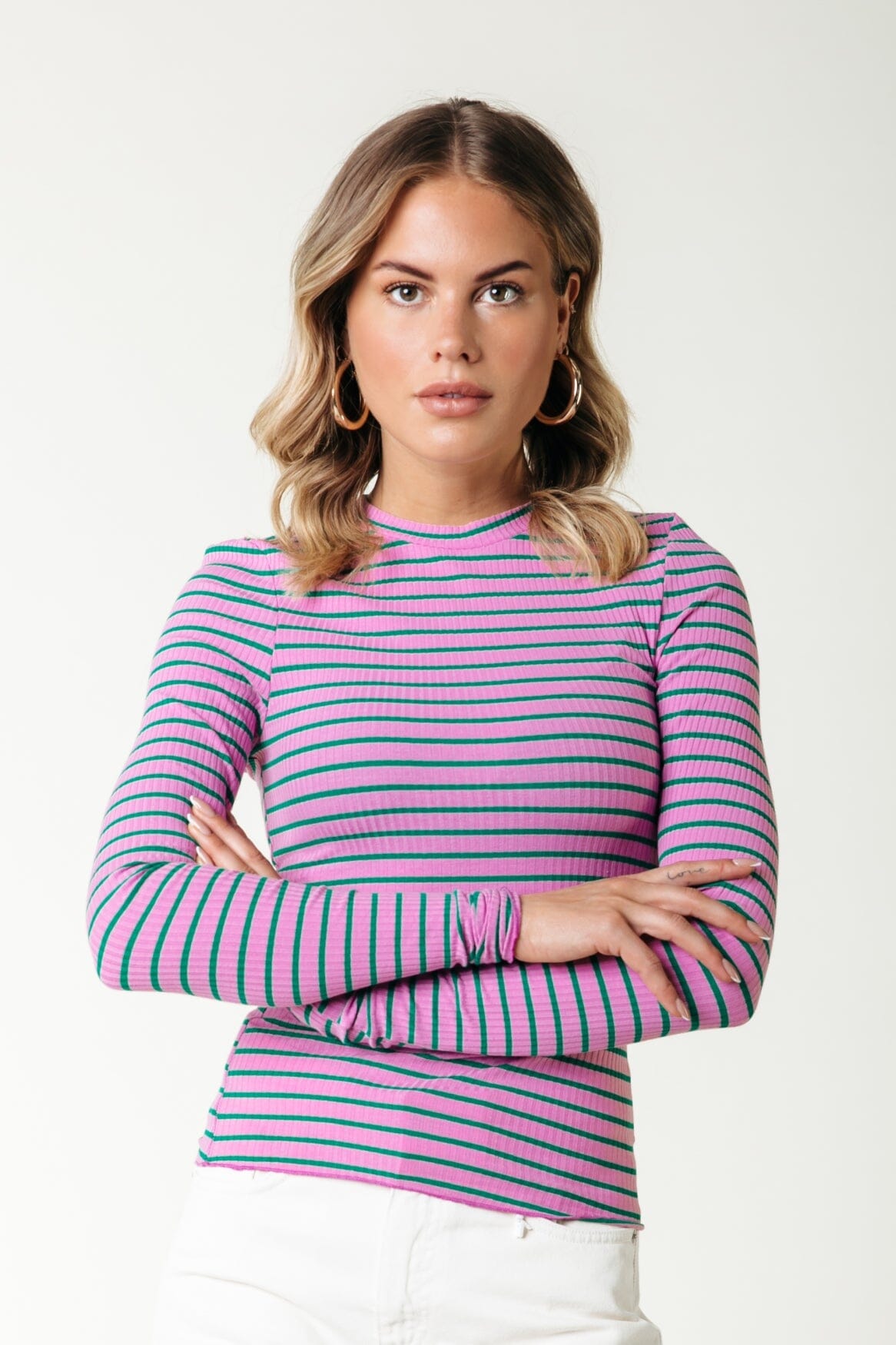 Colourful Rebel Jessie Stripe Rib Long Sleeve Top | Pink 8720867054955