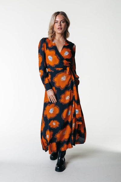 Colourful Rebel Lola Flower Maxi Wrap Dress | Mandarin Orange 8720603290913