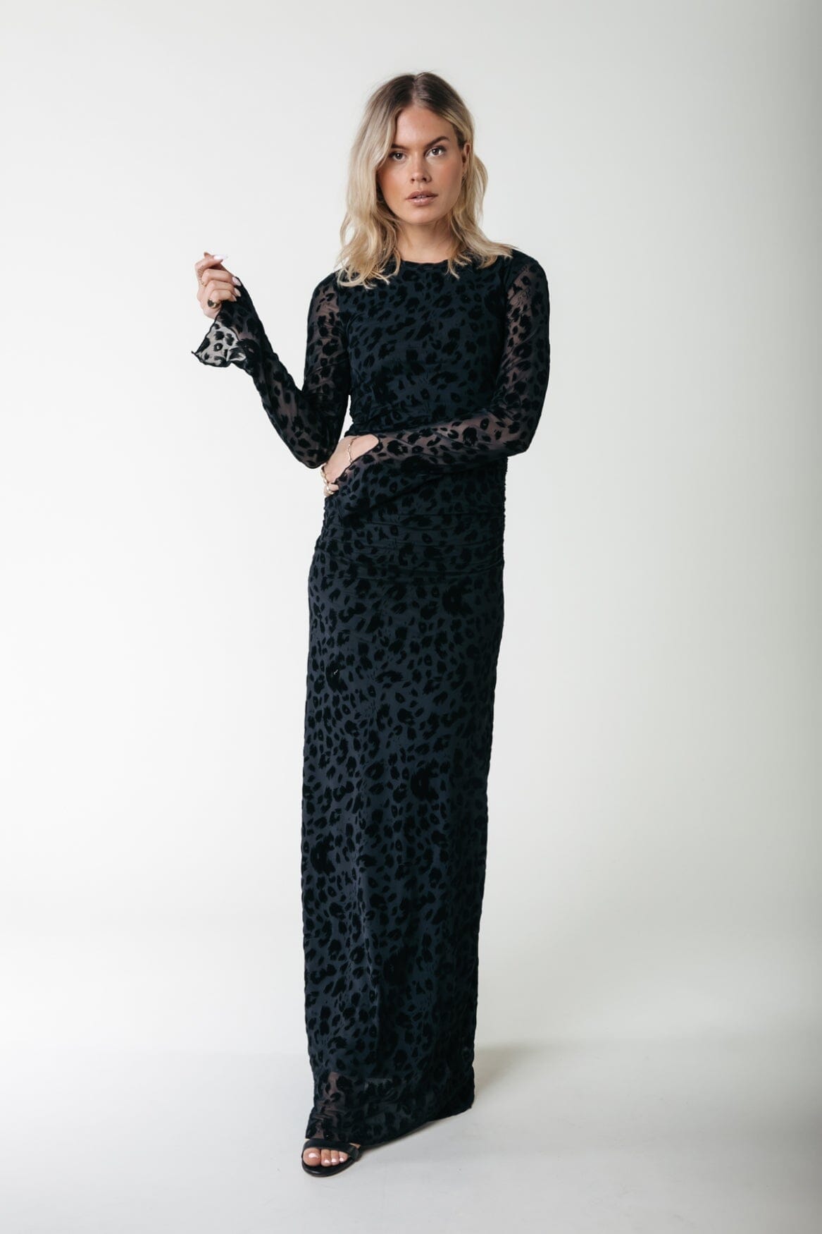 Colourful Rebel Maude Leopard Flock Mesh Maxi Dress LS | Black 8720867051237