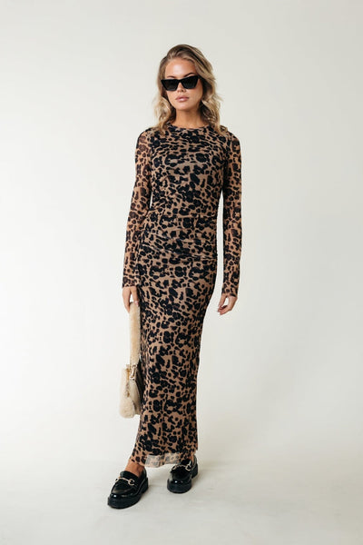 Colourful Rebel Maude Leopard Mesh Maxi Dress LS | Beige 8720867054139