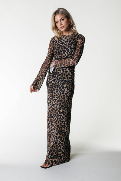 Colourful Rebel Maude Leopard Mesh Maxi Dress LS | Warm Brown 8720867043713