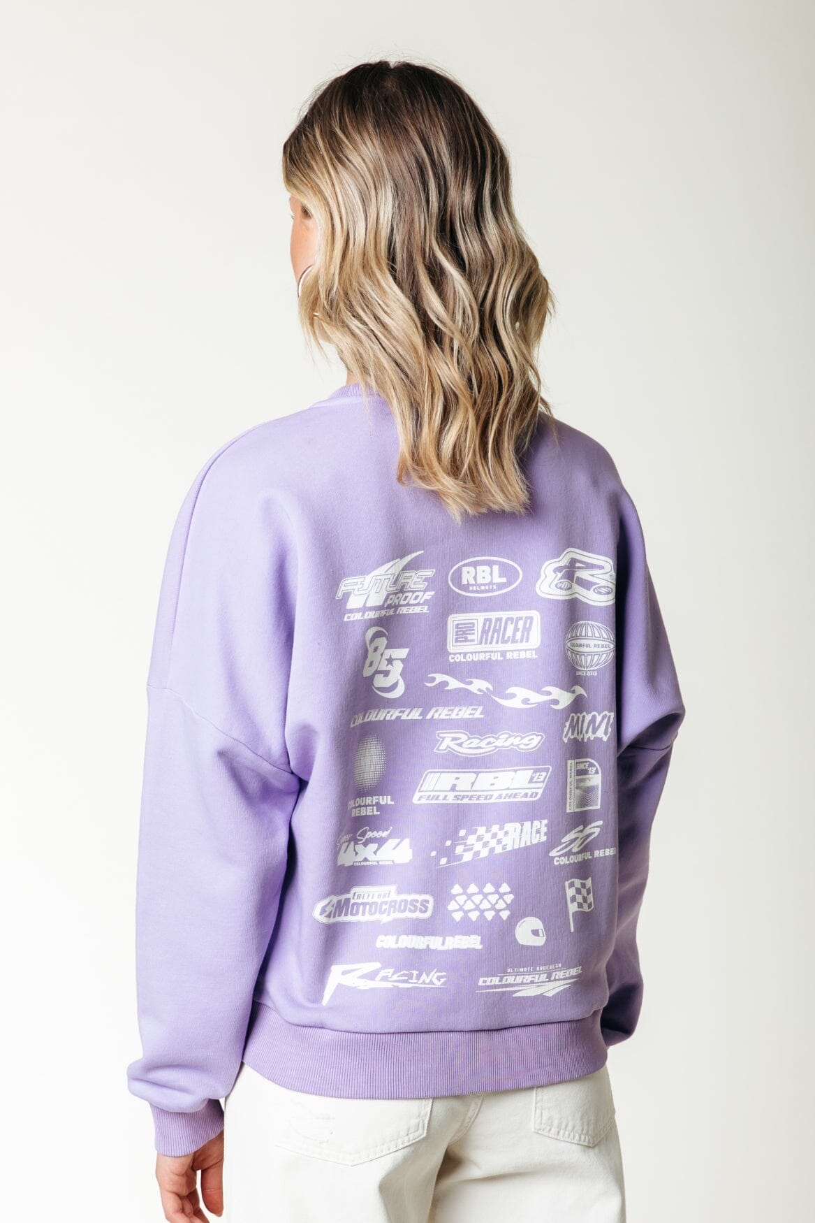 Colourful Rebel Multi Racer Logos Dropped Shoulder Sweat | Light lilac 