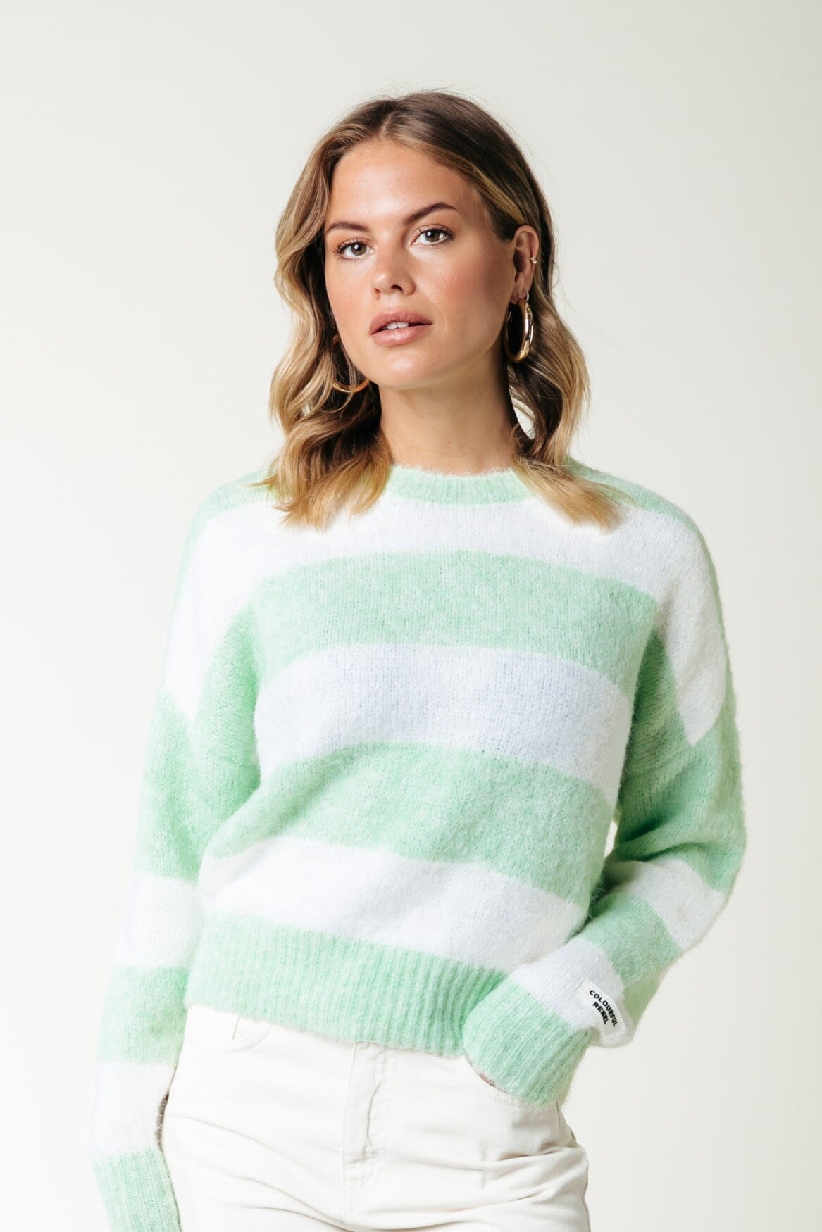 Colourful Rebel Olivia Stripe Crewneck Knitted Sweater | Bright green 8720867047988